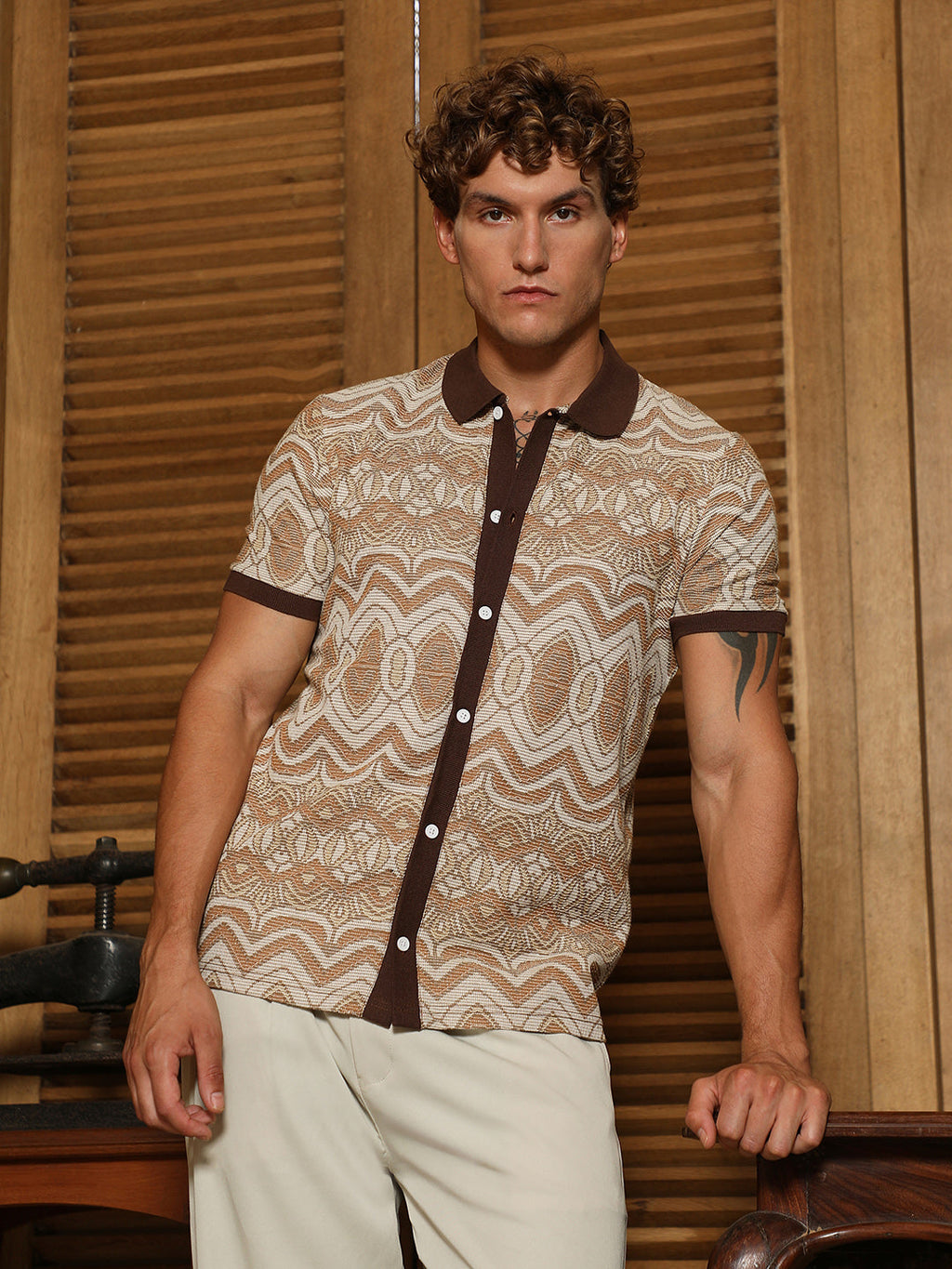Brown Geometric Pattern Polo Collar Shirt