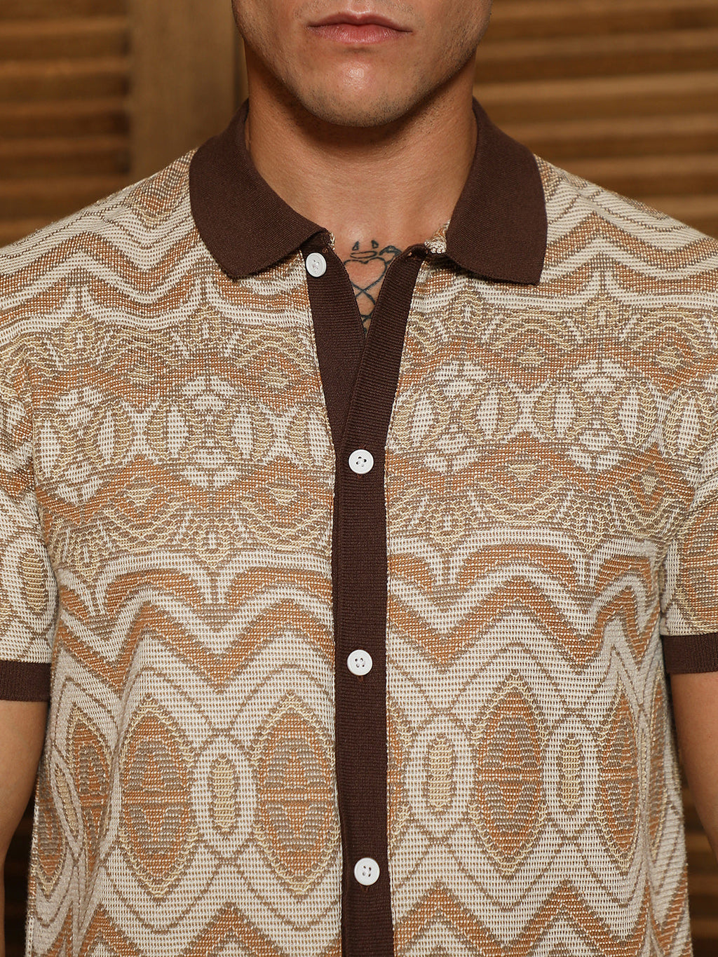 Brown Geometric Pattern Polo Collar Shirt