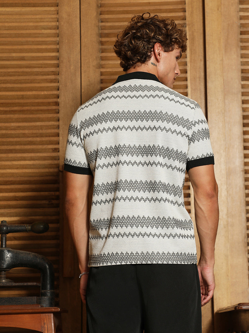 Black And White Geometric Polo Collar Shirt
