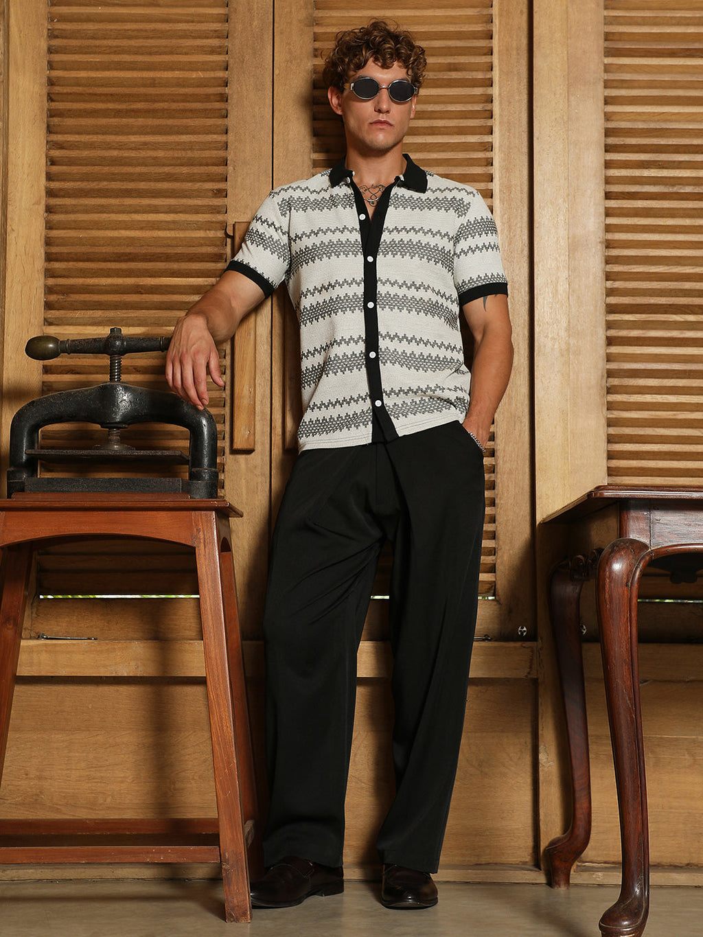 Black And White Geometric Polo Collar Shirt