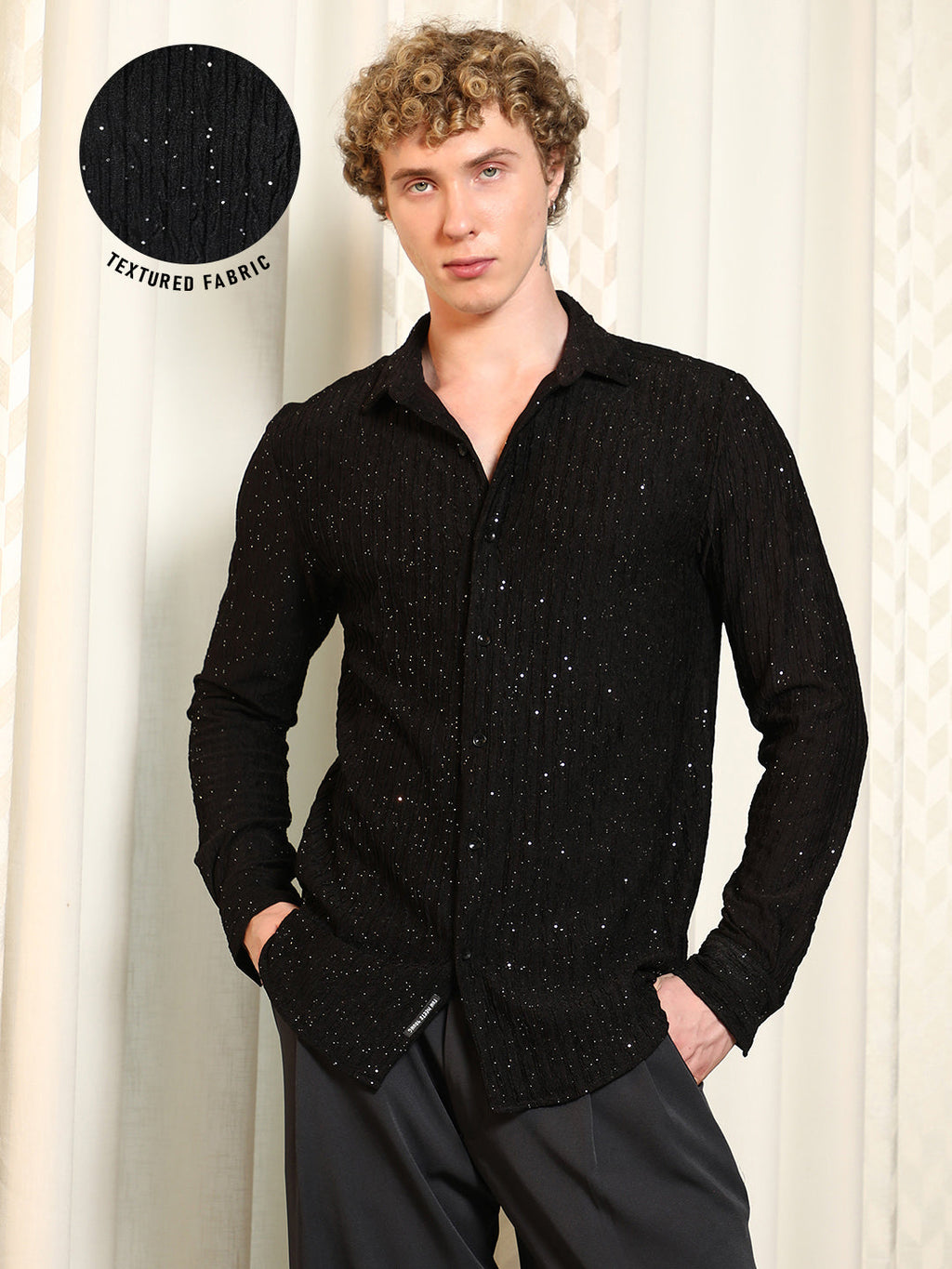 Black Textured Slim Fit Shirt With Shimmer Effect