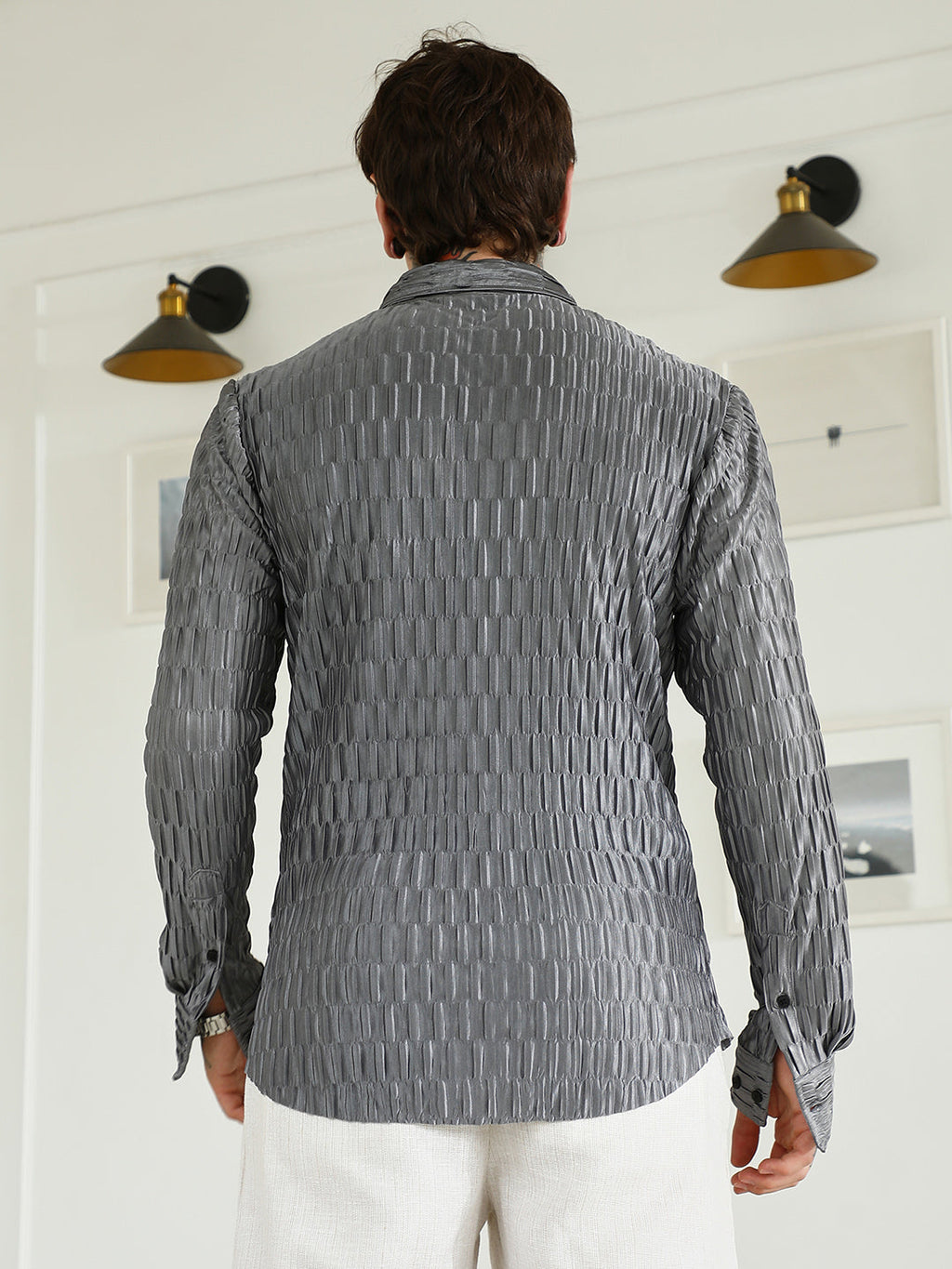 Textured Grey Slim Fit Full Sleeve Shirt