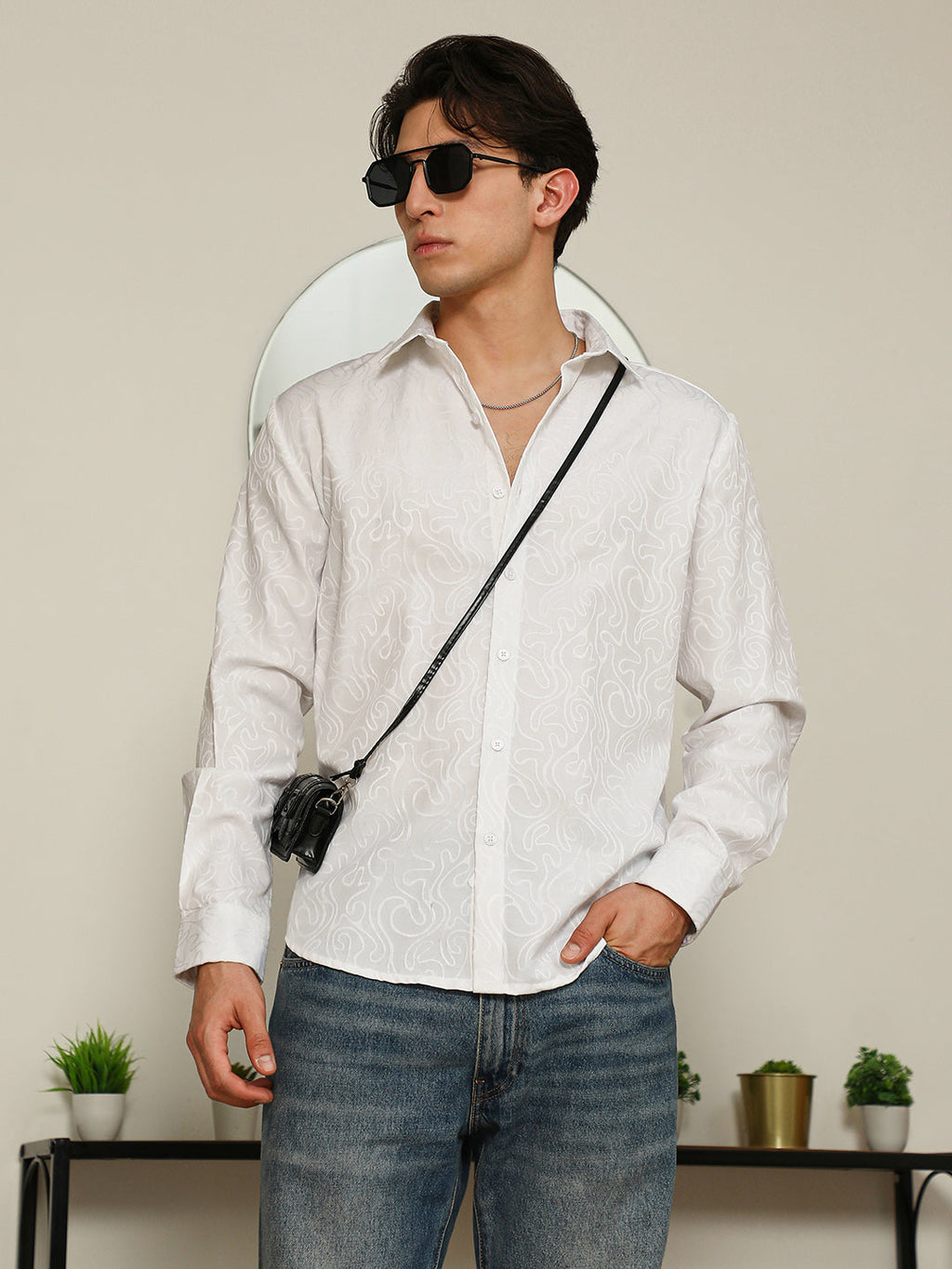 White Paisley Self-Design Slim Fit Shirt For Men