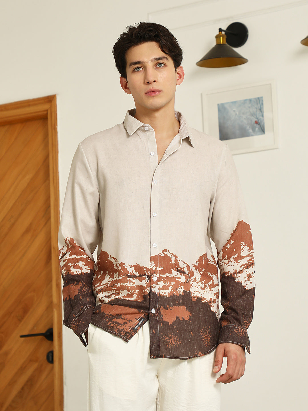 Beige Rayon Shirt With Abstract Mountain Print