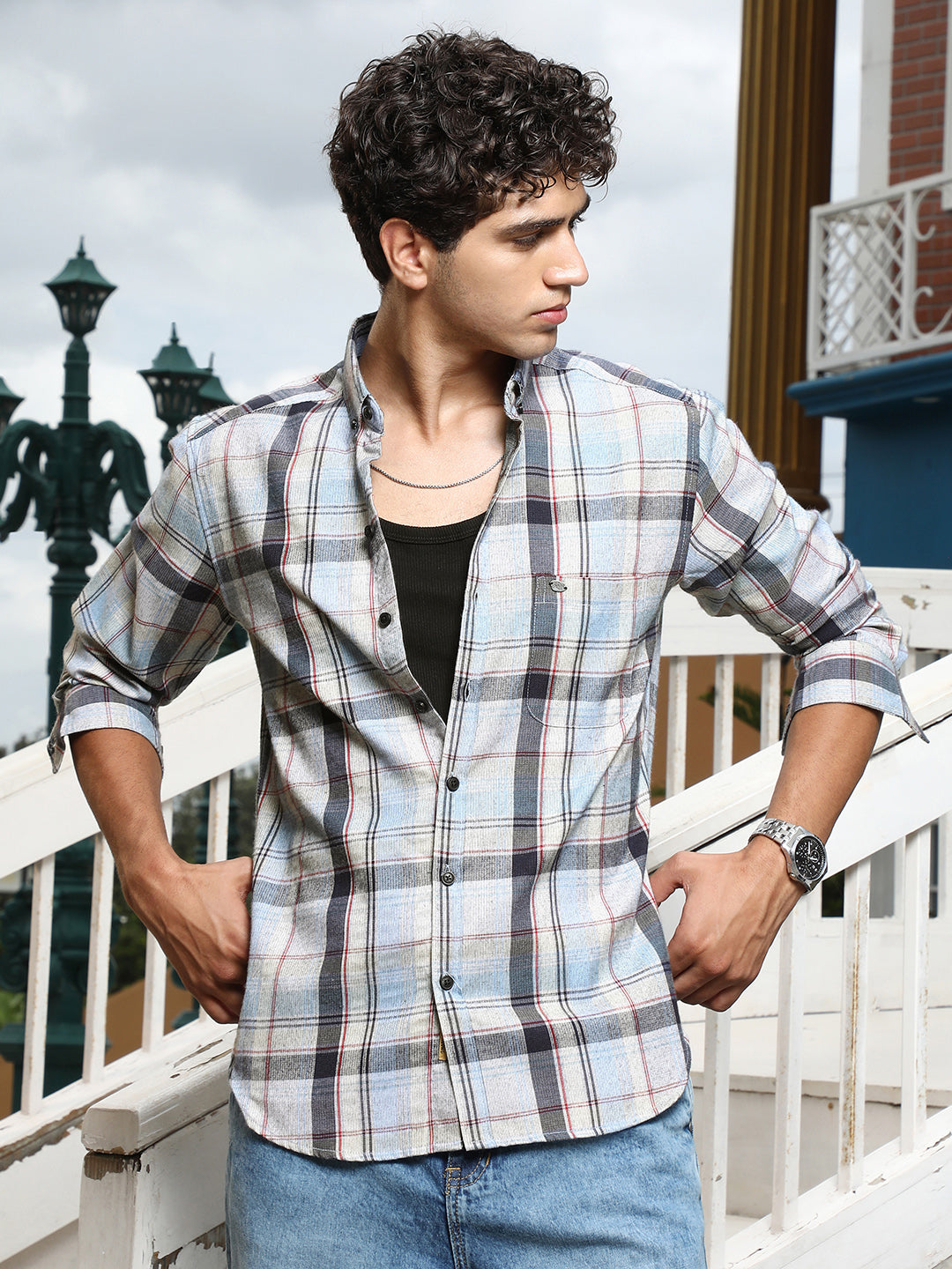 Brushing-Plaid Regular Shirt