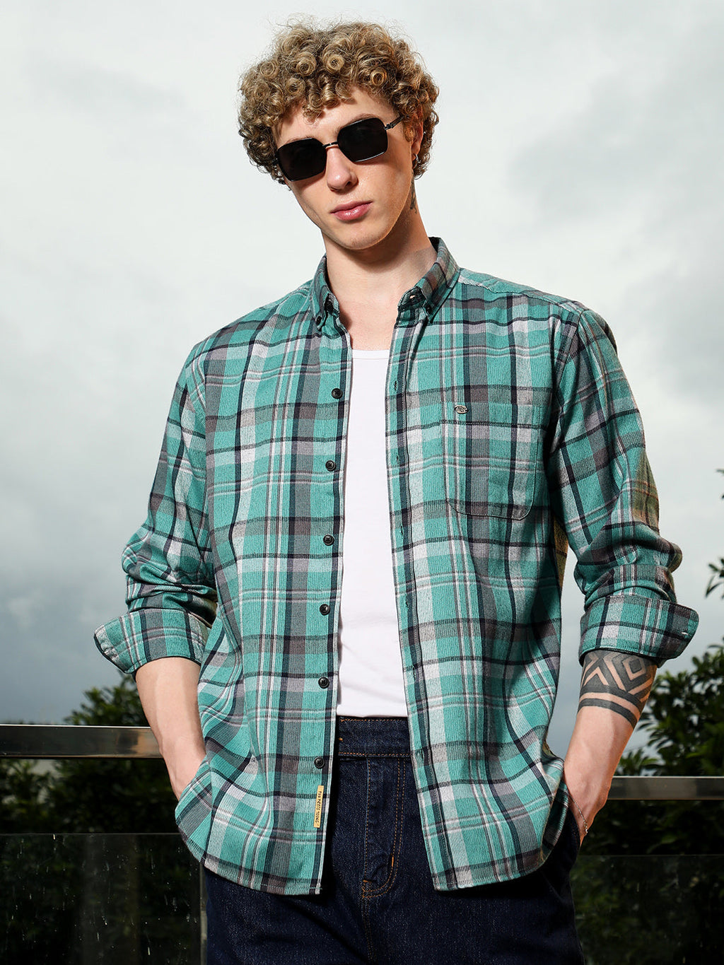 Green Plaid Tailored Fit Full Sleeve Shirt