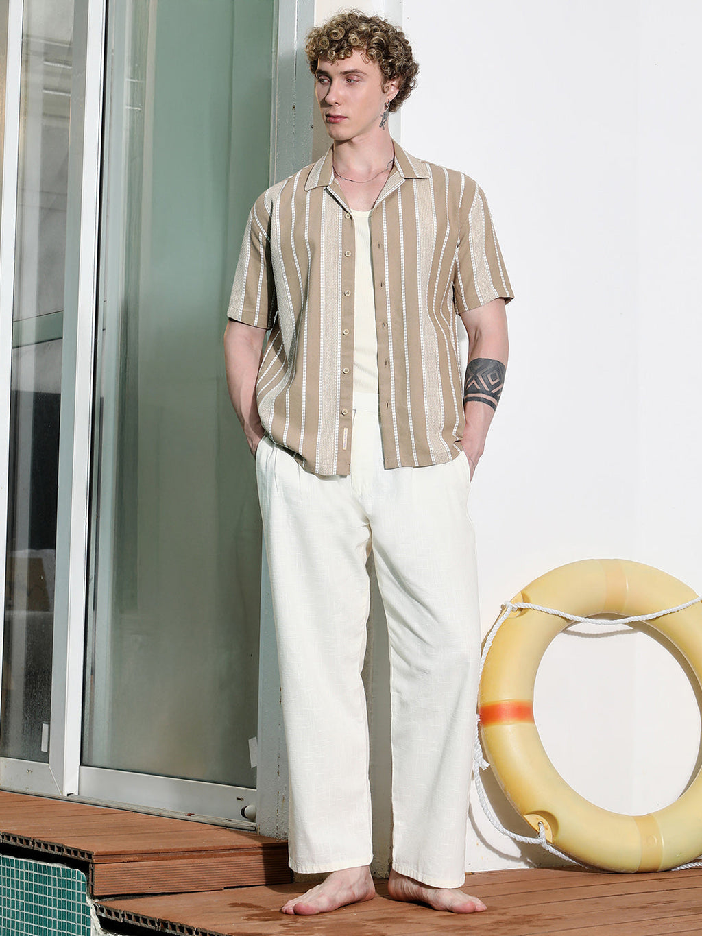 Beige Striped Cuban Collar Shirt