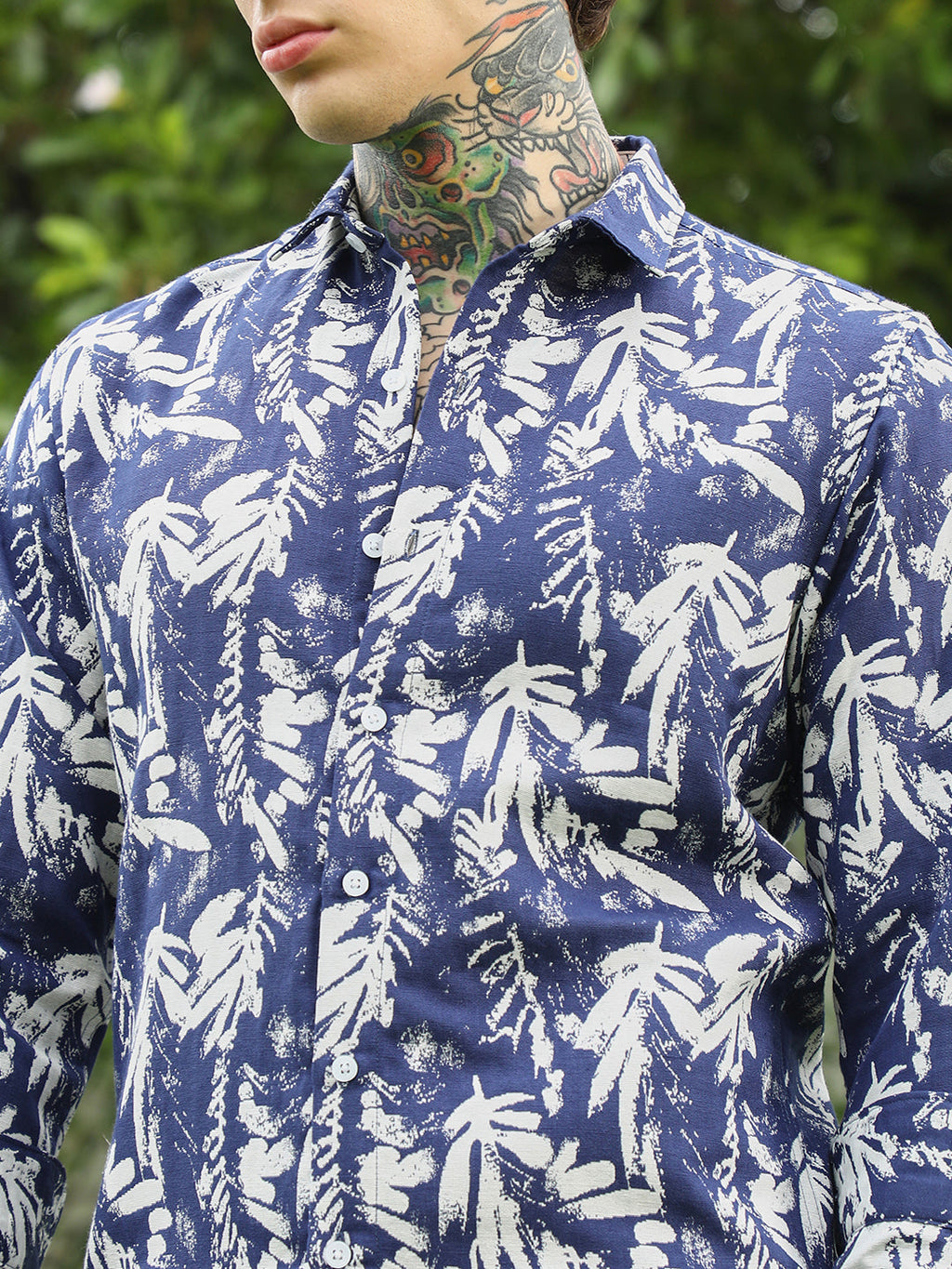 Navy Blue Botanical Print Cotton Blend Full Sleeve Shirt
