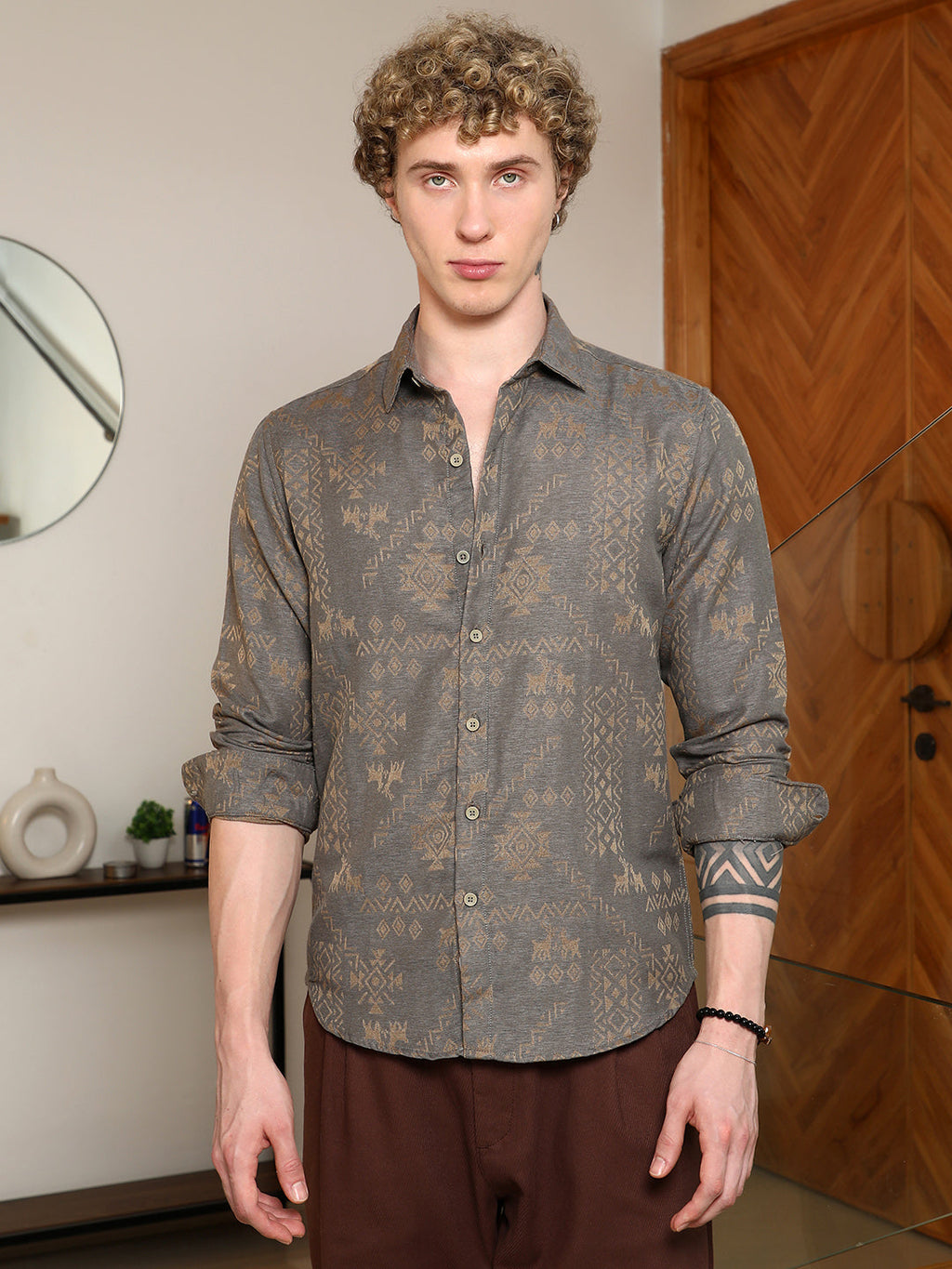 Grey Ethnic Motif Full Sleeve Shirt