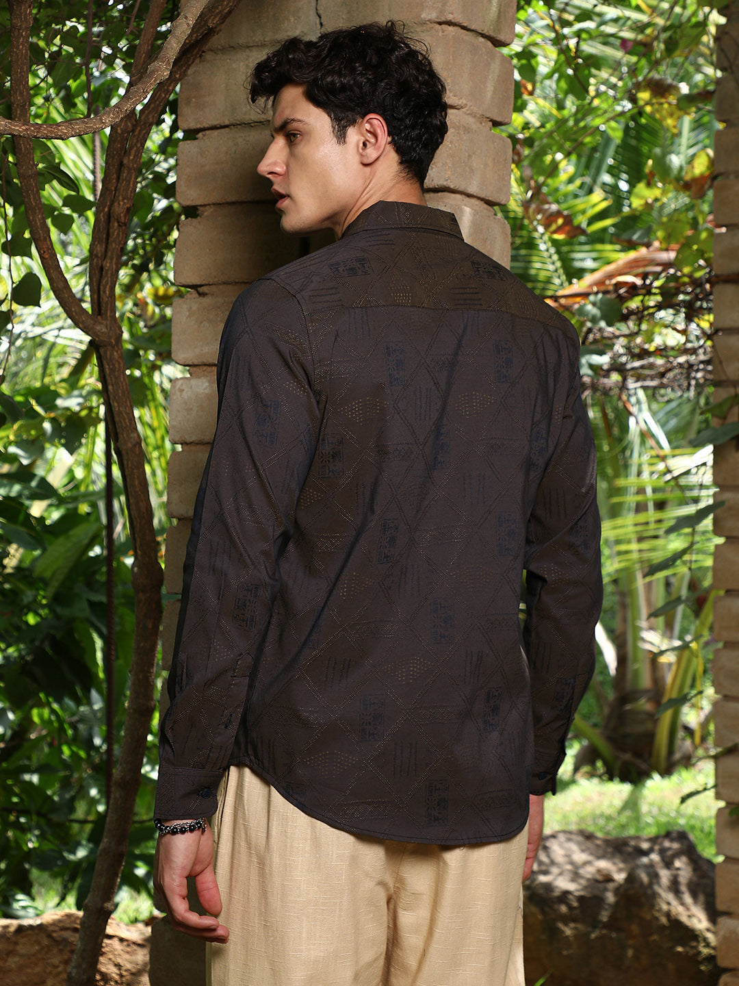 Olive Brown Geometric-Folk Self-Design Shirt