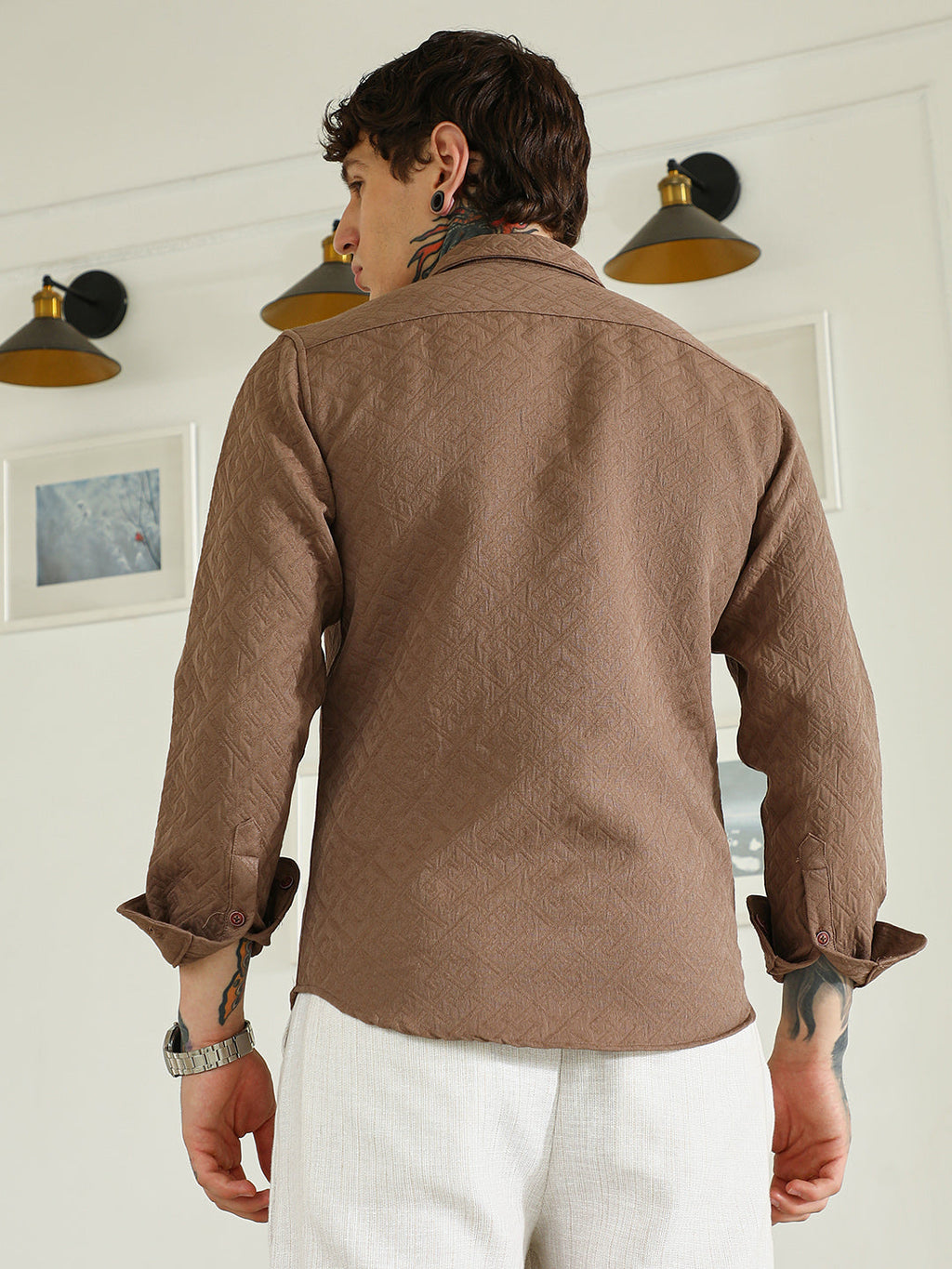 Textured Brown Cotton Blend Full Sleeve Shirt