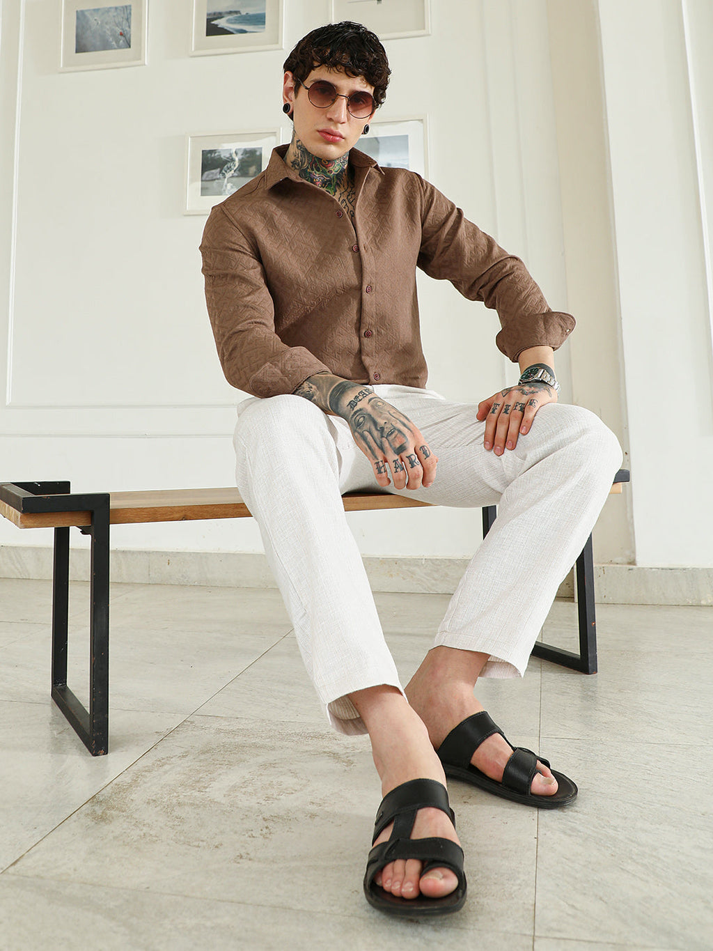 Textured Brown Cotton Blend Full Sleeve Shirt