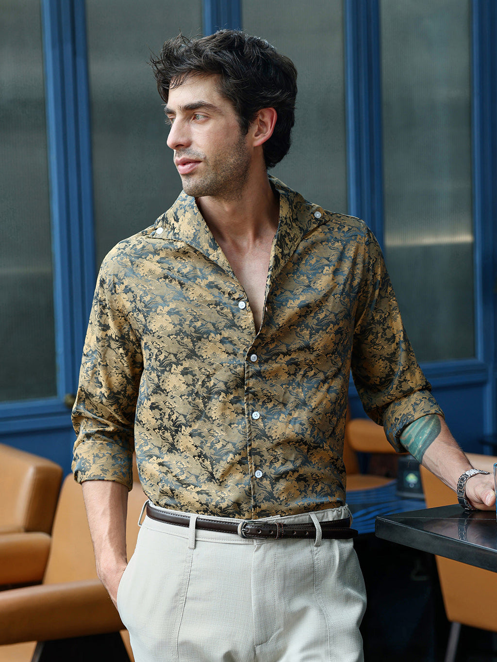 Men's Mustard Abstract Jacquard Cuban Collar Shirt