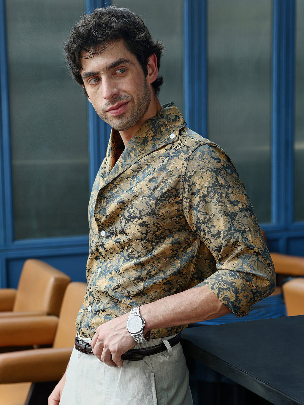 Men's Mustard Abstract Jacquard Cuban Collar Shirt