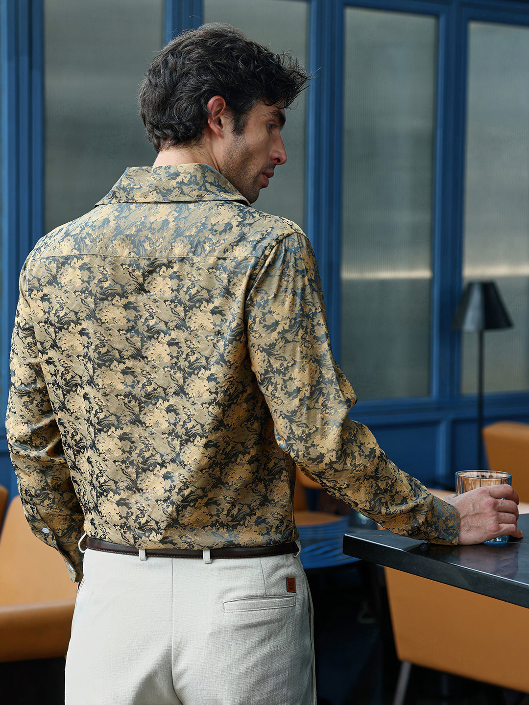 Men's Mustard Abstract Jacquard Cuban Collar Shirt