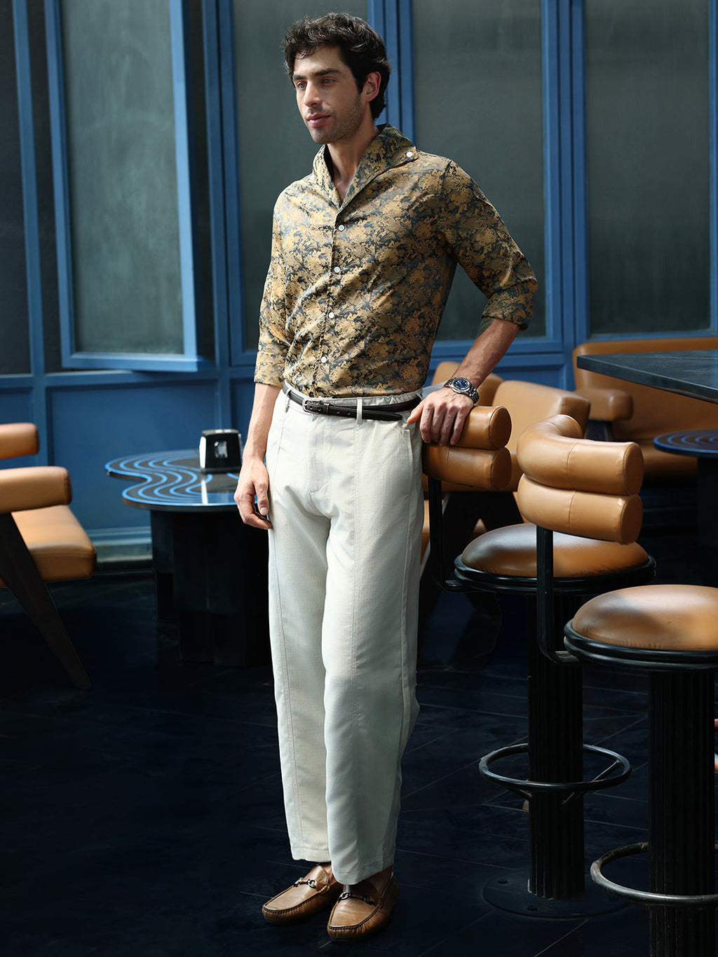 Men's Mustard Abstract Jacquard Cuban Collar Shirt