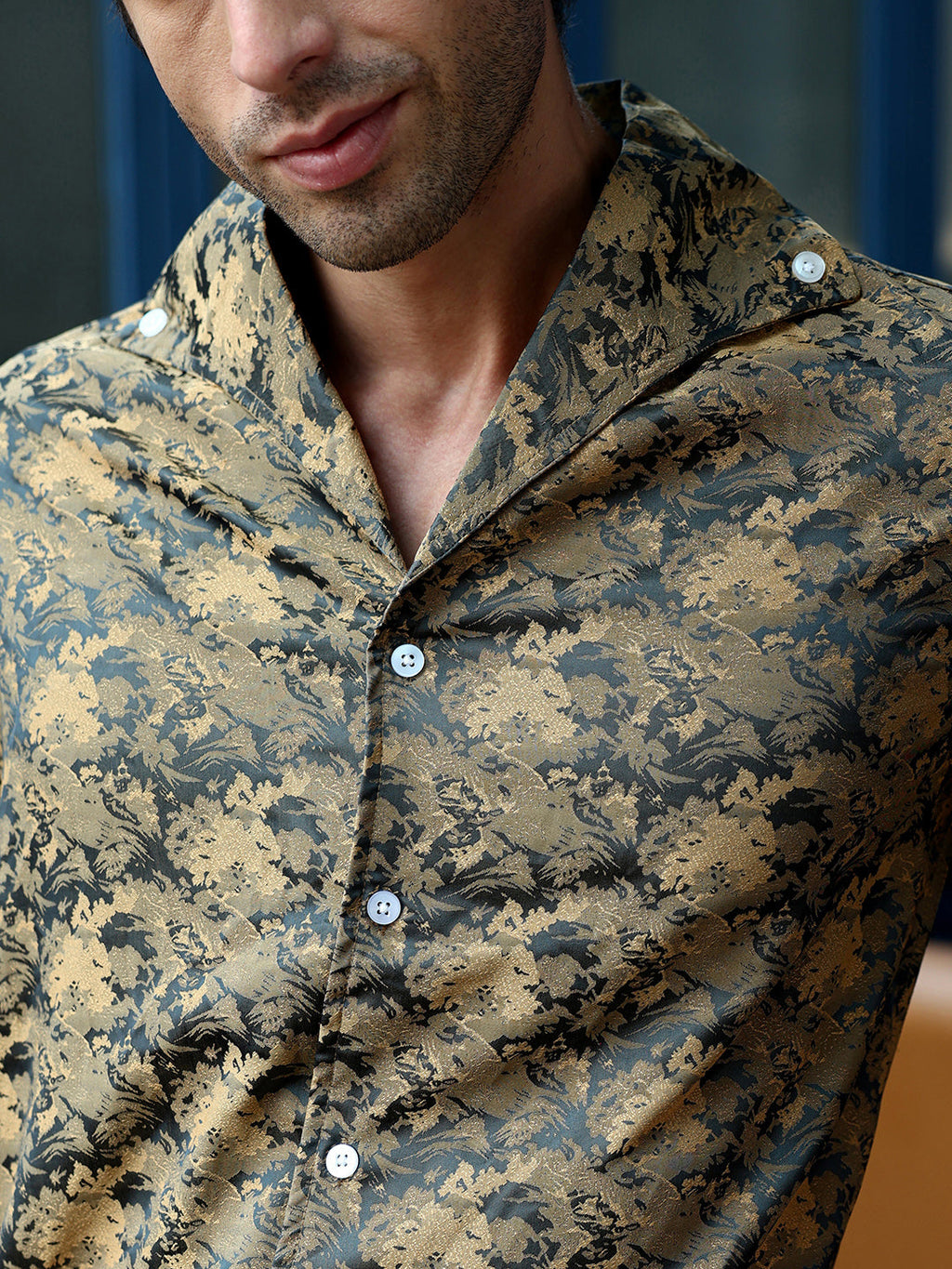 Men's Mustard Abstract Jacquard Cuban Collar Shirt