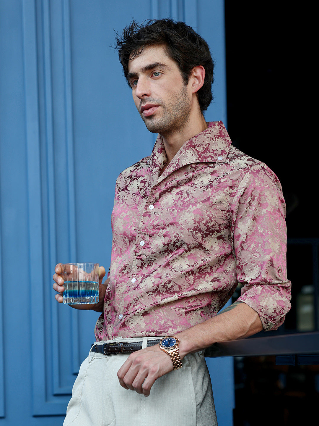Men's Floral Jacquard Full Sleeve Cuban Collar Shirt