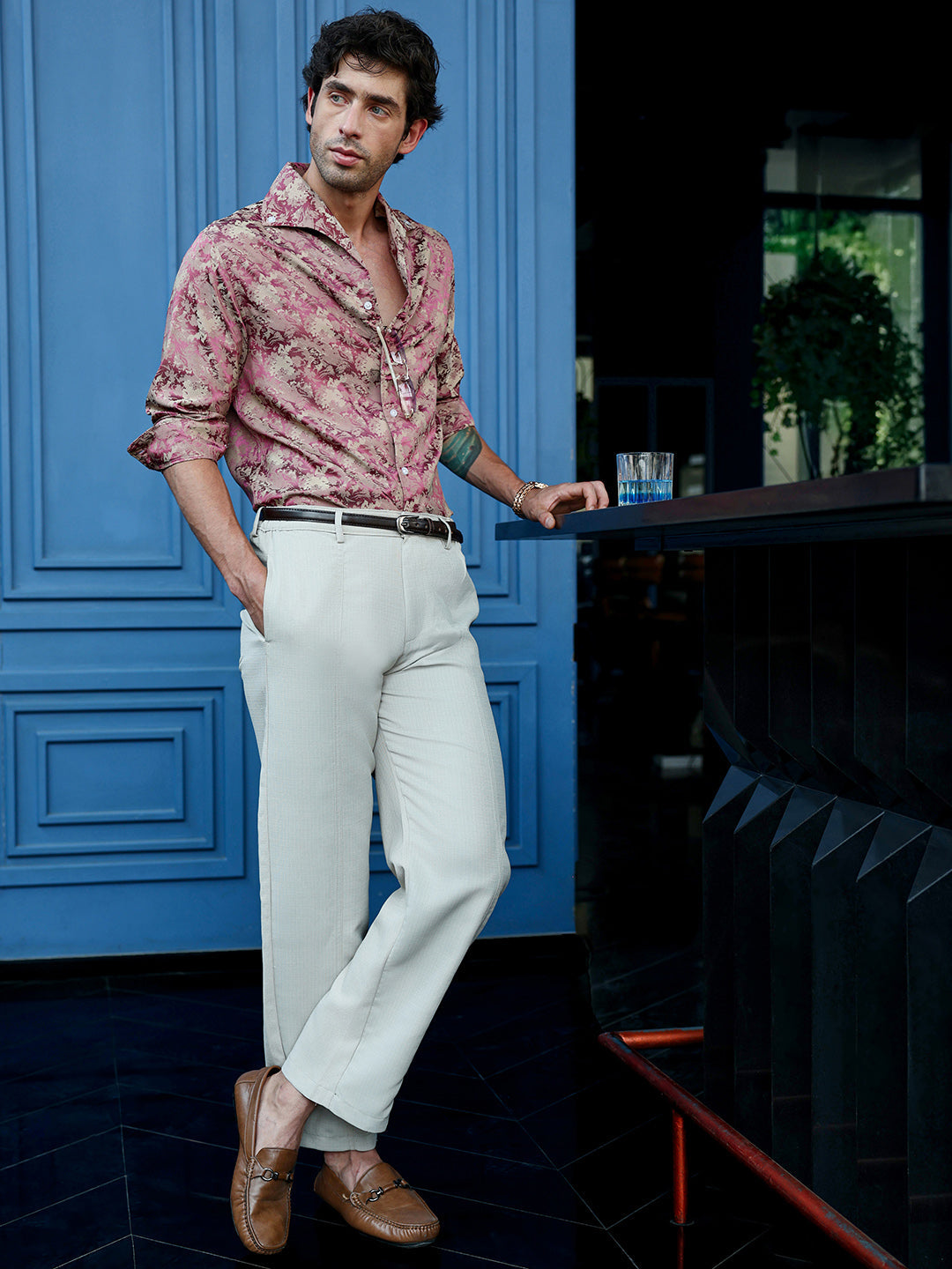 Men's Floral Jacquard Full Sleeve Cuban Collar Shirt