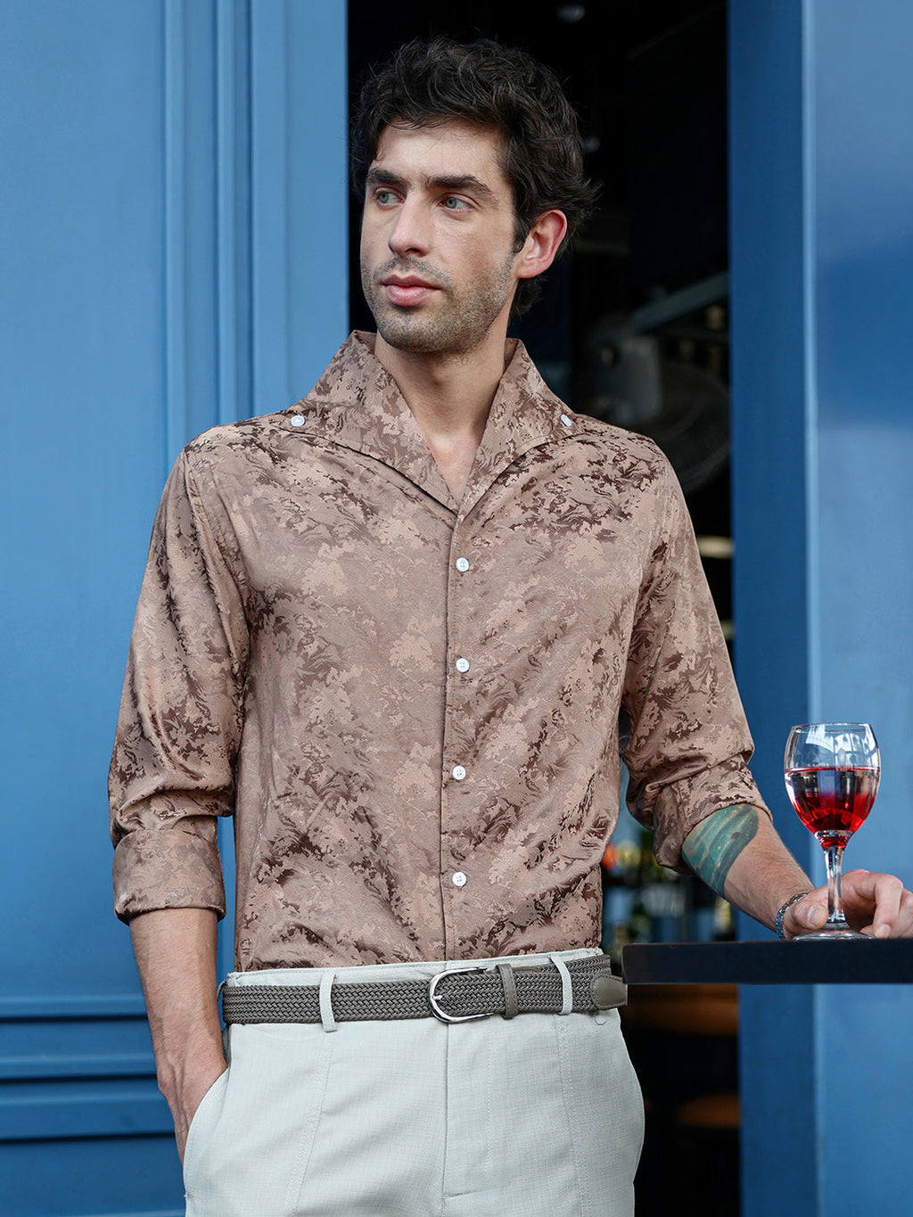 Men's Regular Fit Brown Abstract Pattern Cuban Collar Shirt