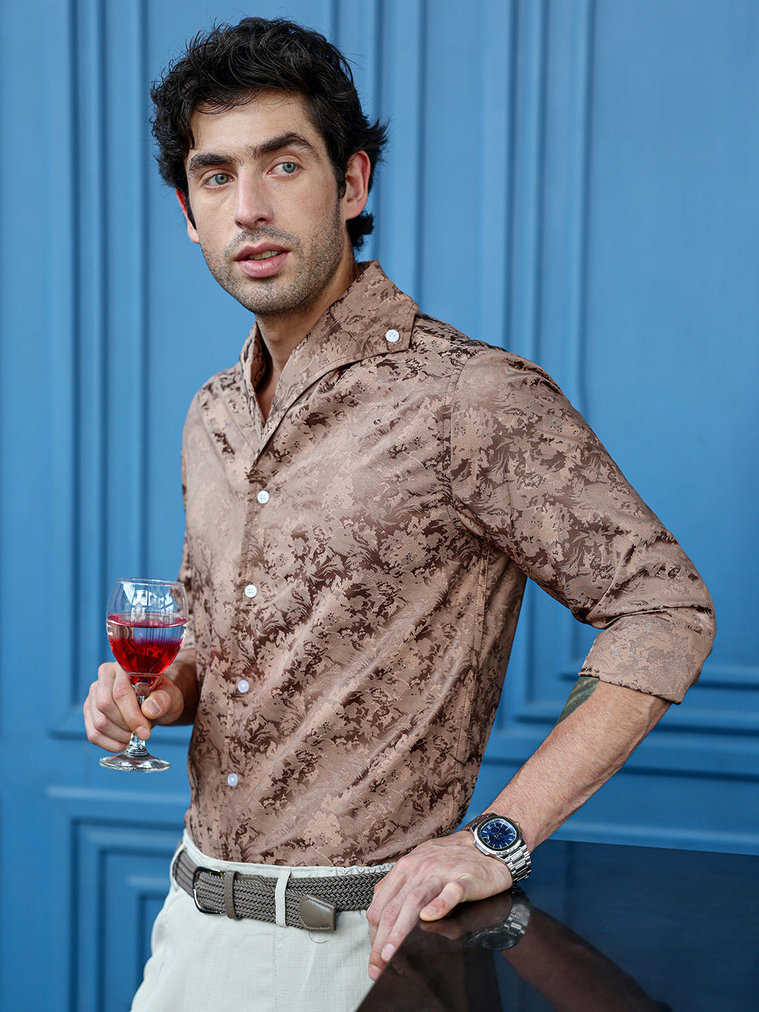 Men's Regular Fit Brown Abstract Pattern Cuban Collar Shirt