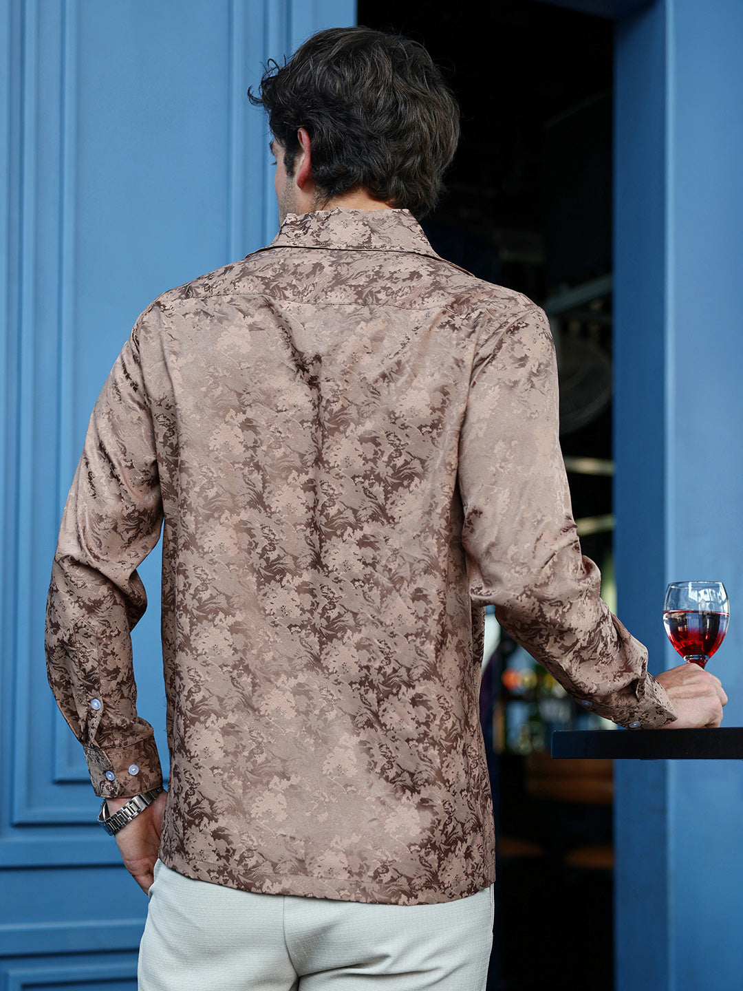 Men's Regular Fit Brown Abstract Pattern Cuban Collar Shirt