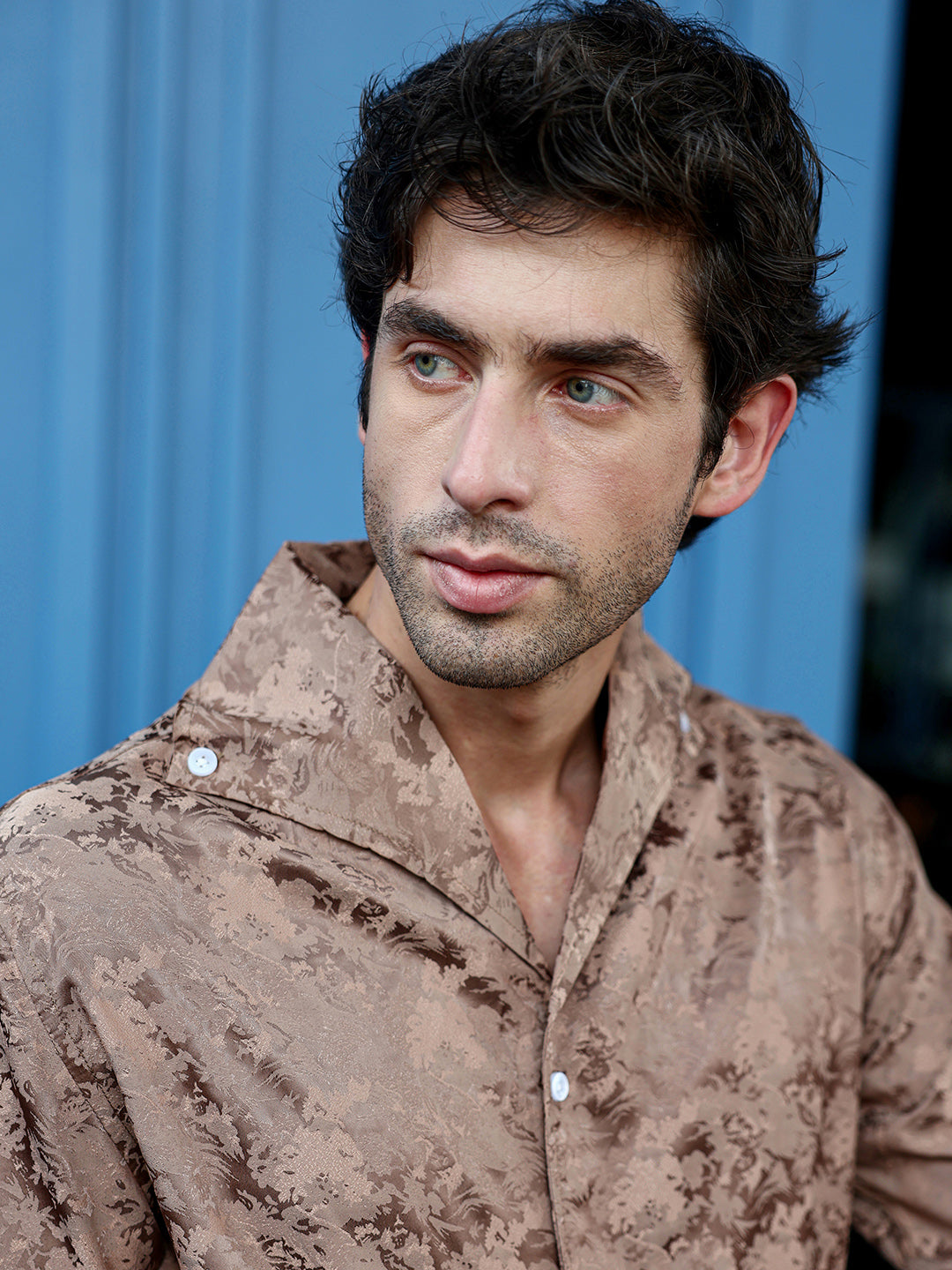 Men's Regular Fit Brown Abstract Pattern Cuban Collar Shirt