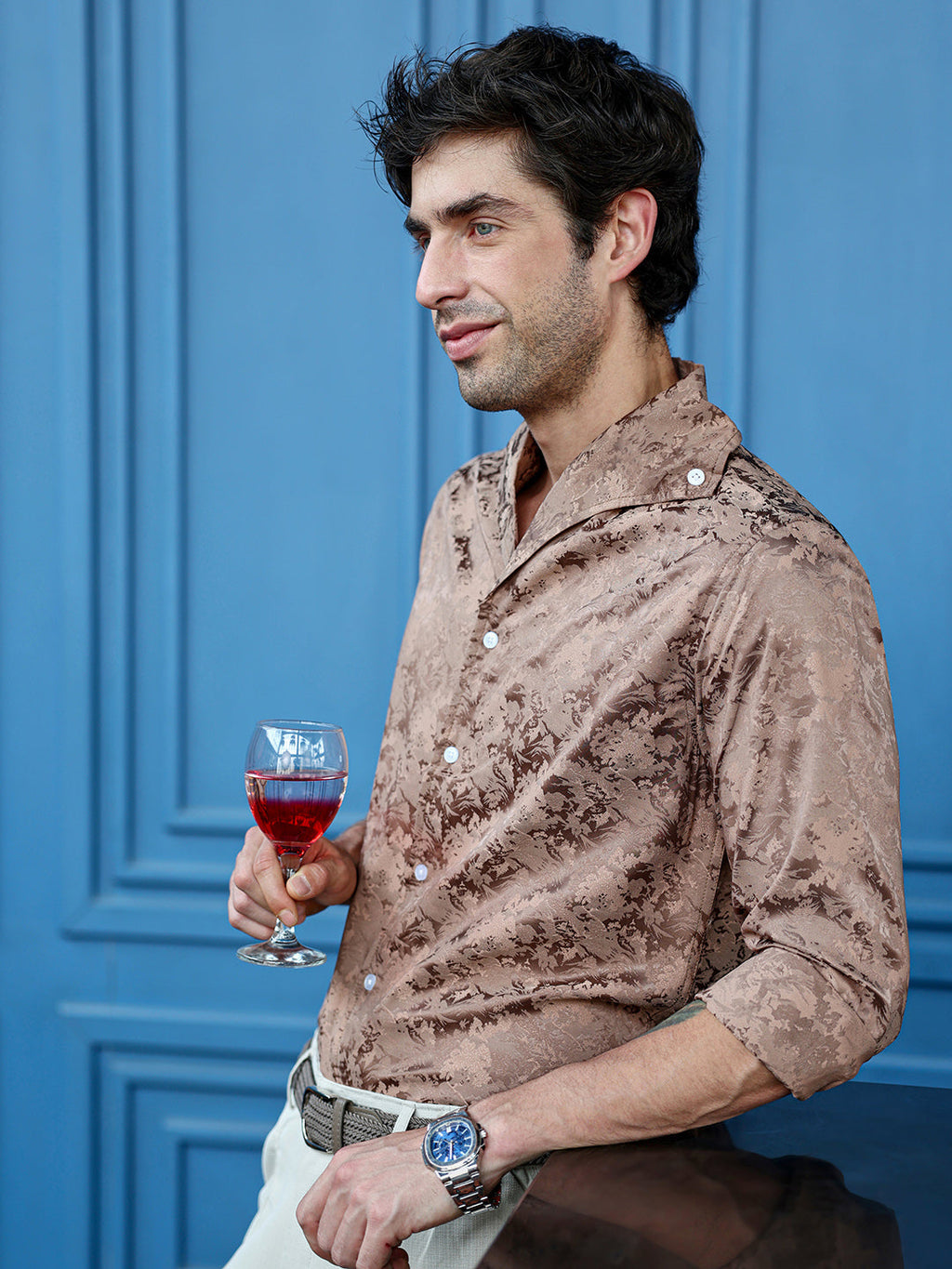 Men's Regular Fit Brown Abstract Pattern Cuban Collar Shirt