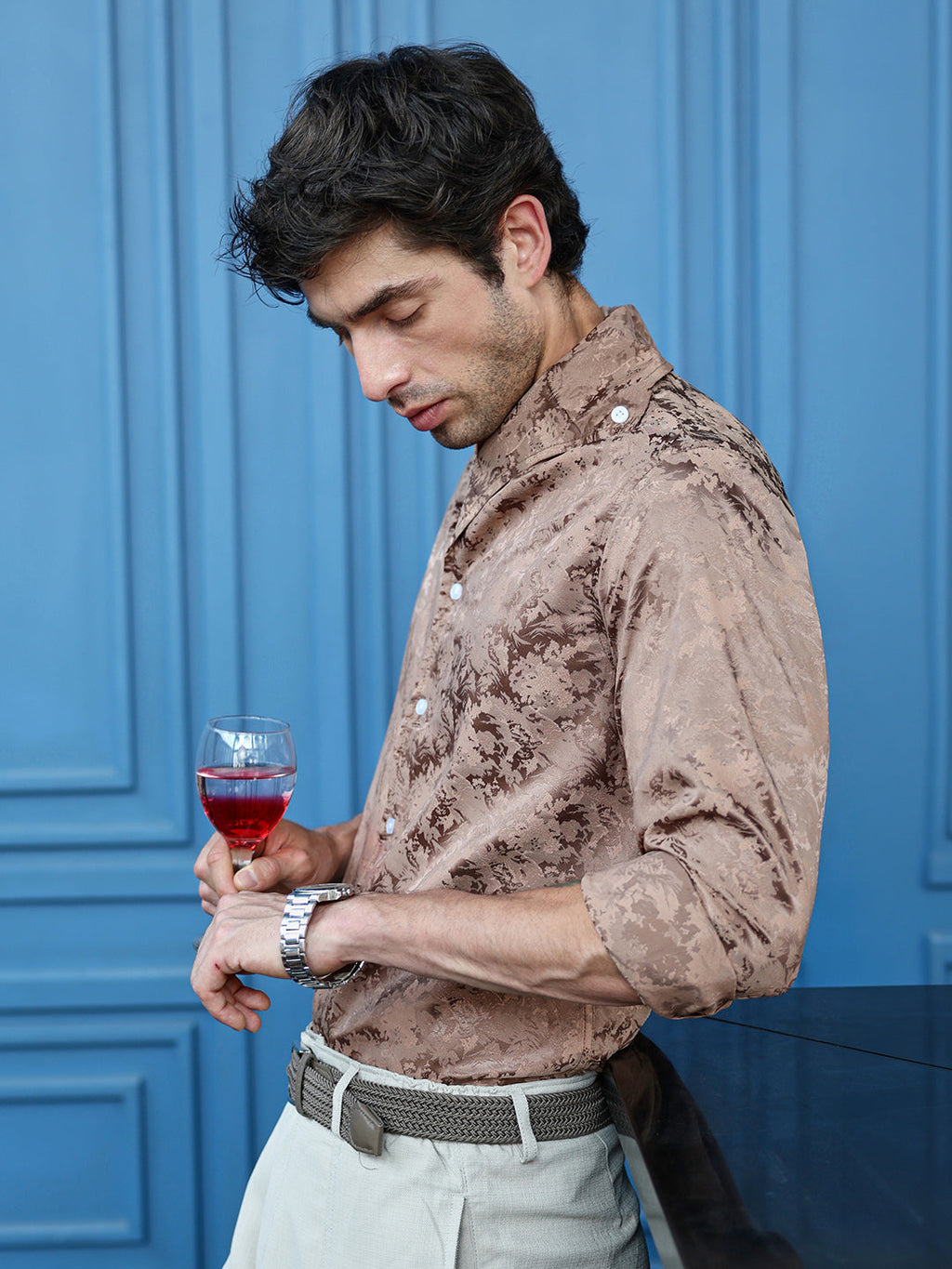 Men's Regular Fit Brown Abstract Pattern Cuban Collar Shirt
