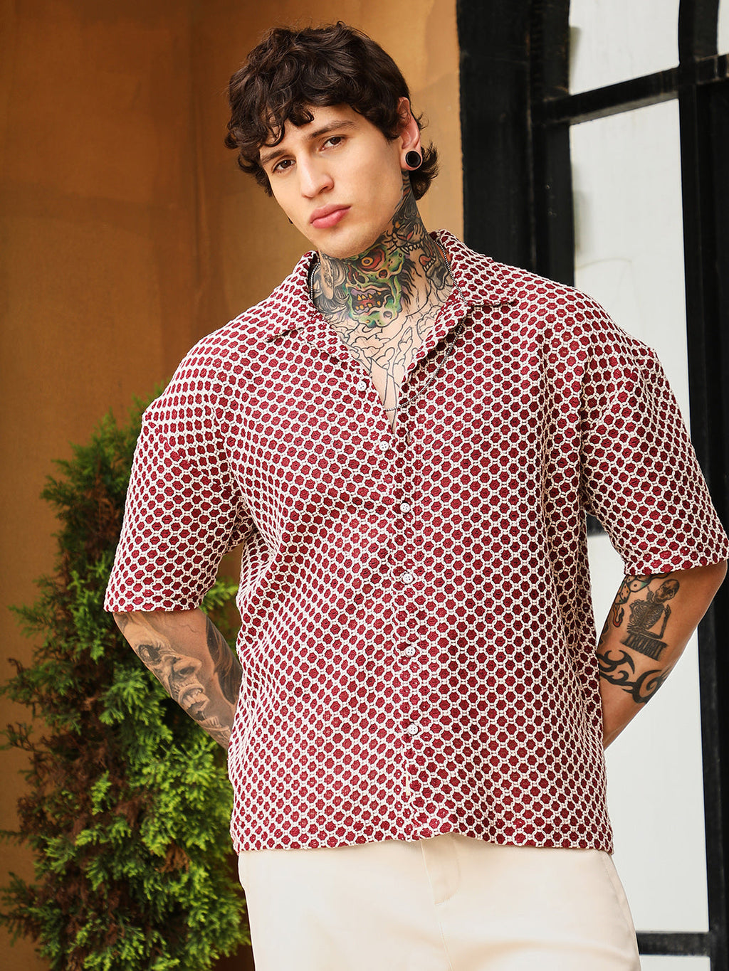 Geometric-Crochet Cuban Oversized Shirt