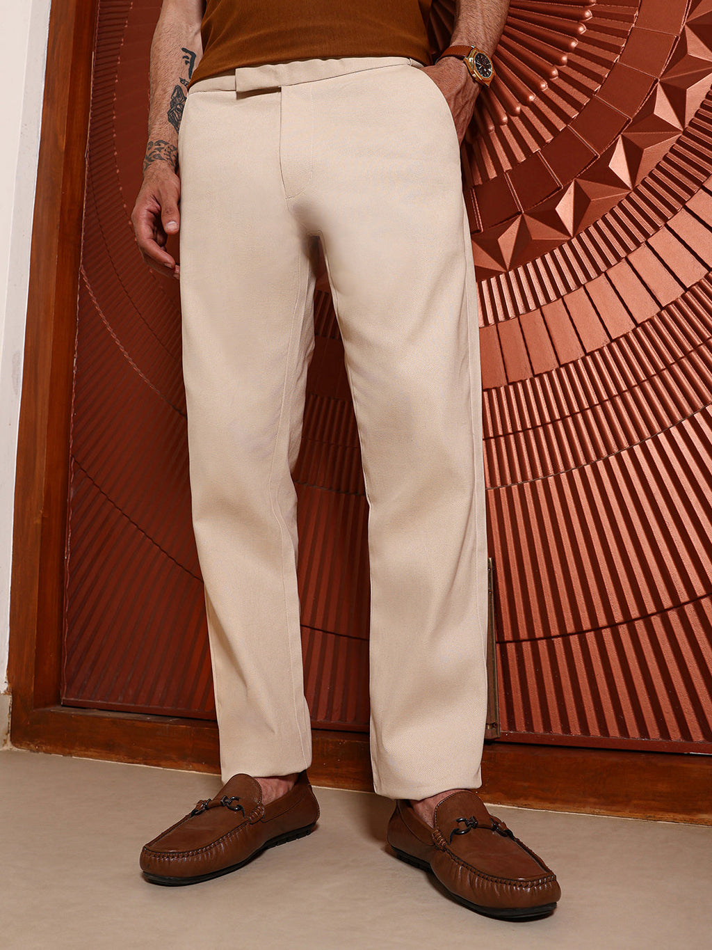 Beige Regular Fit Cotton Trousers