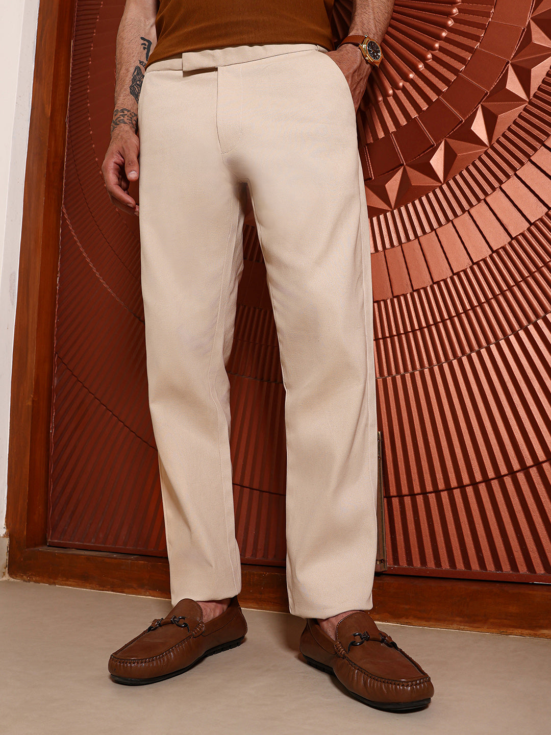 Beige Regular Fit Cotton Trousers