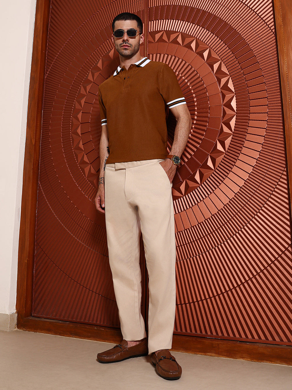 Beige Regular Fit Cotton Trousers