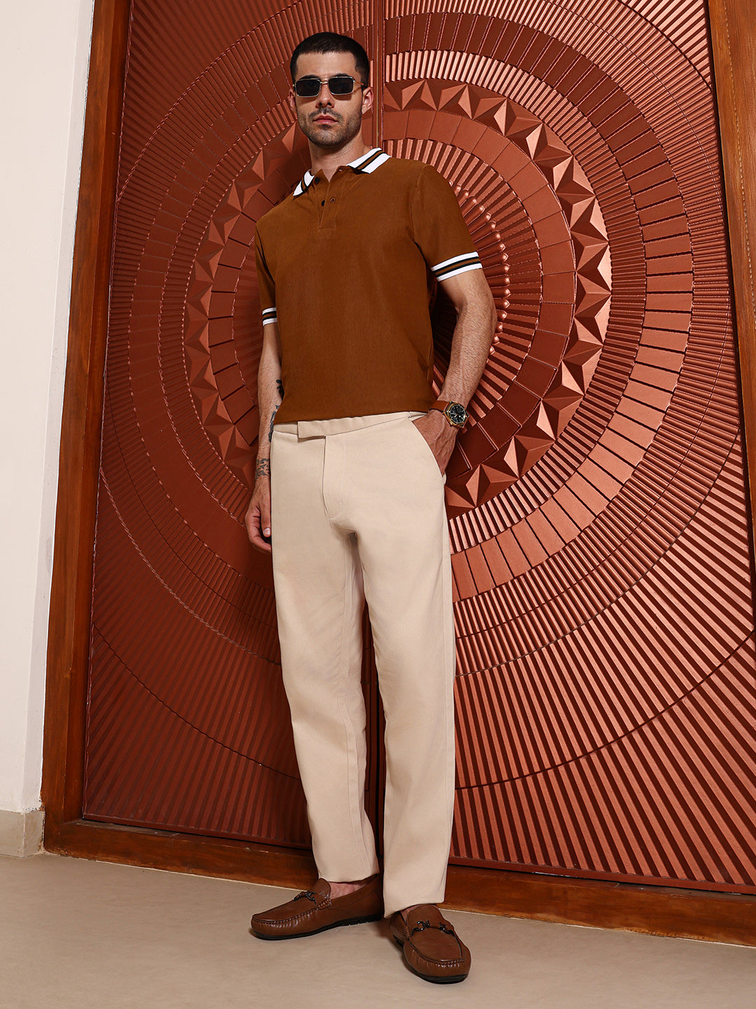 Beige Regular Fit Cotton Trousers
