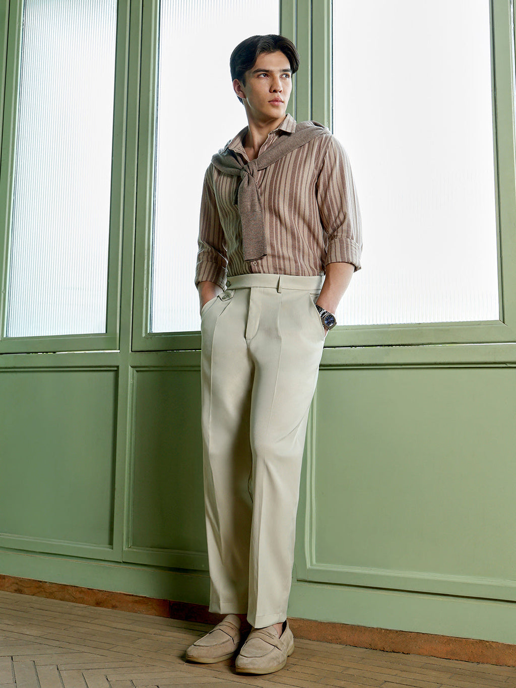 Men's Beige High-Rise Regular Fit Trouser