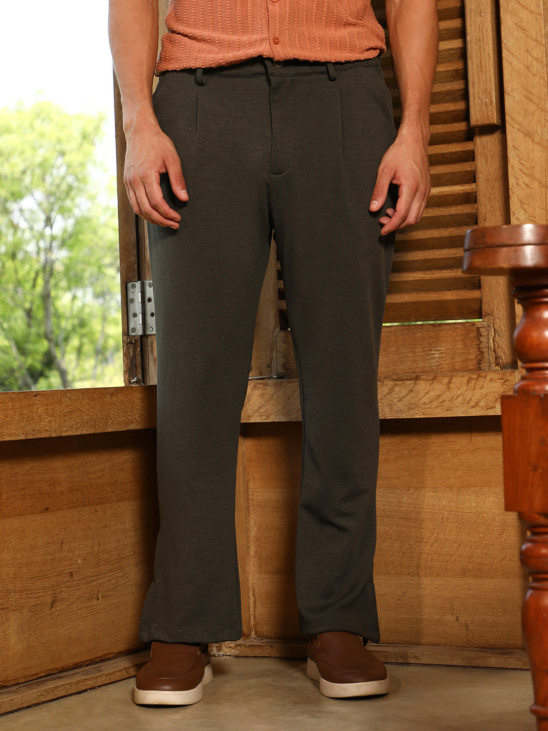 Micro-Waffle Straight-Leg Trousers