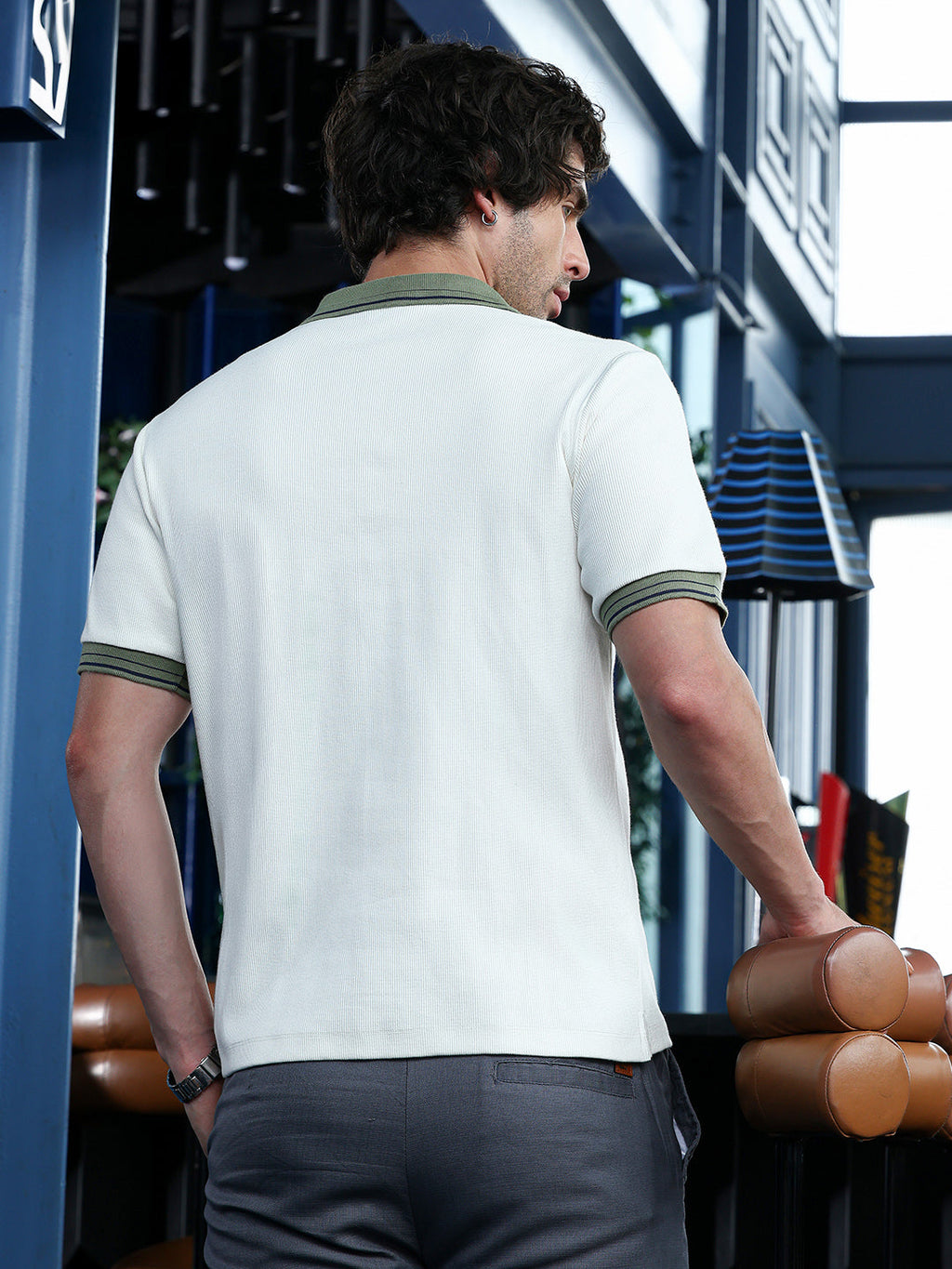 Contrast-Lined Ribbed Polo T-Shirt