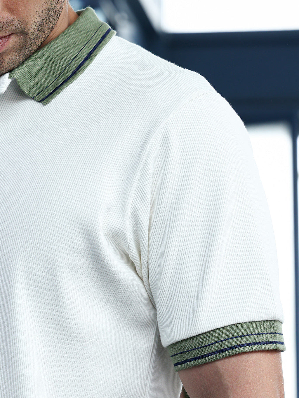 Contrast-Lined Ribbed Polo T-Shirt