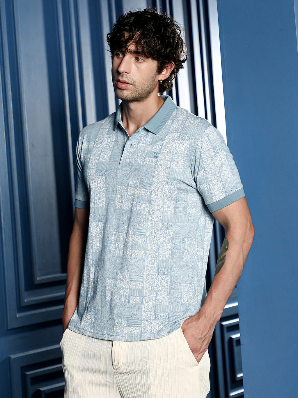 Lattice-Geometric Jacquard Polo T-Shirt