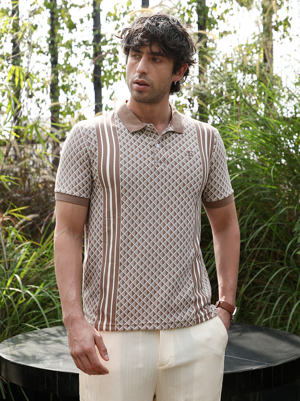 Gradient-Geometric Jacquard Polo T-Shirt