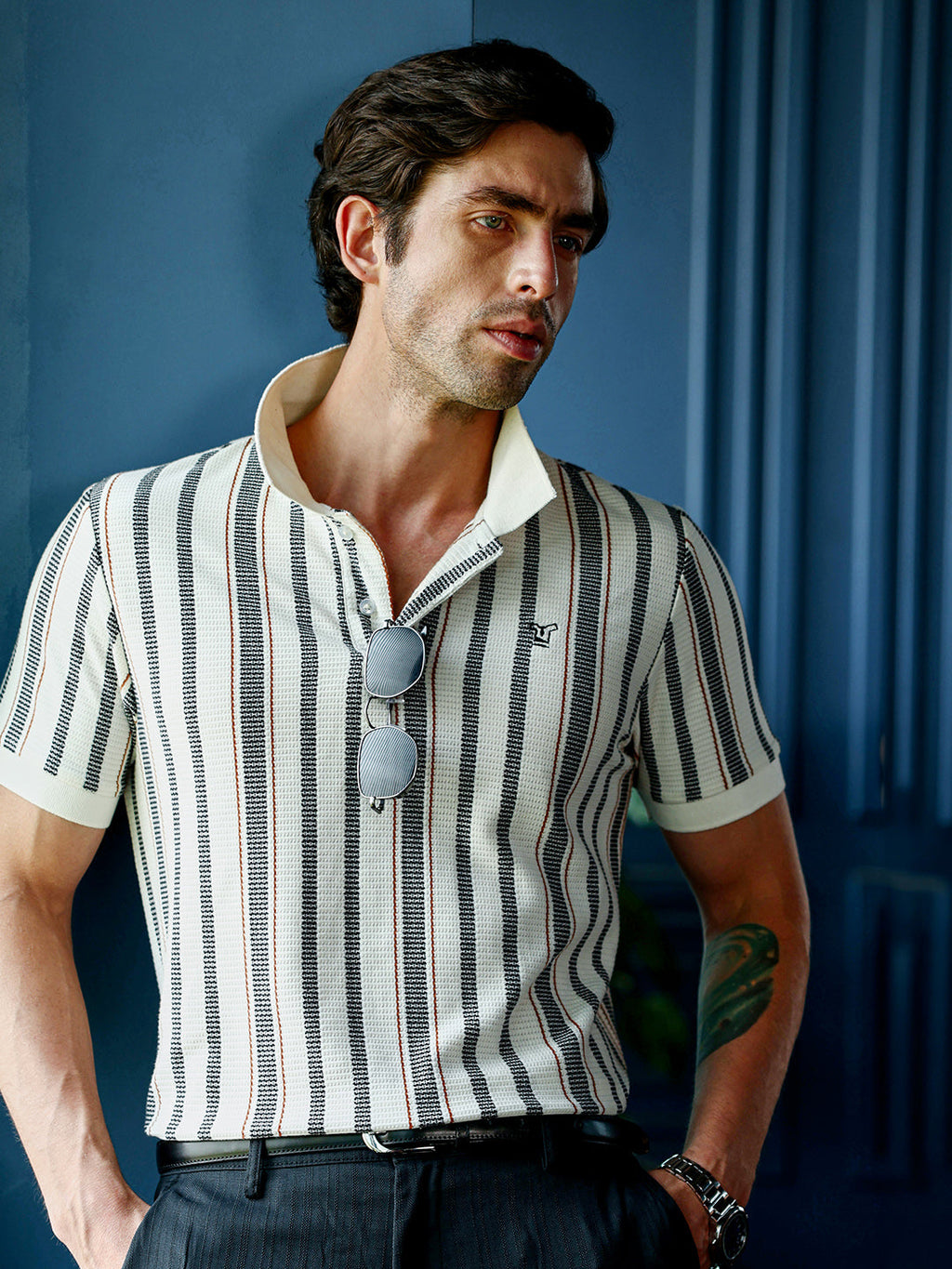 Men's Cream & Black Textured Vertical Striped Knit Polo T-Shirt