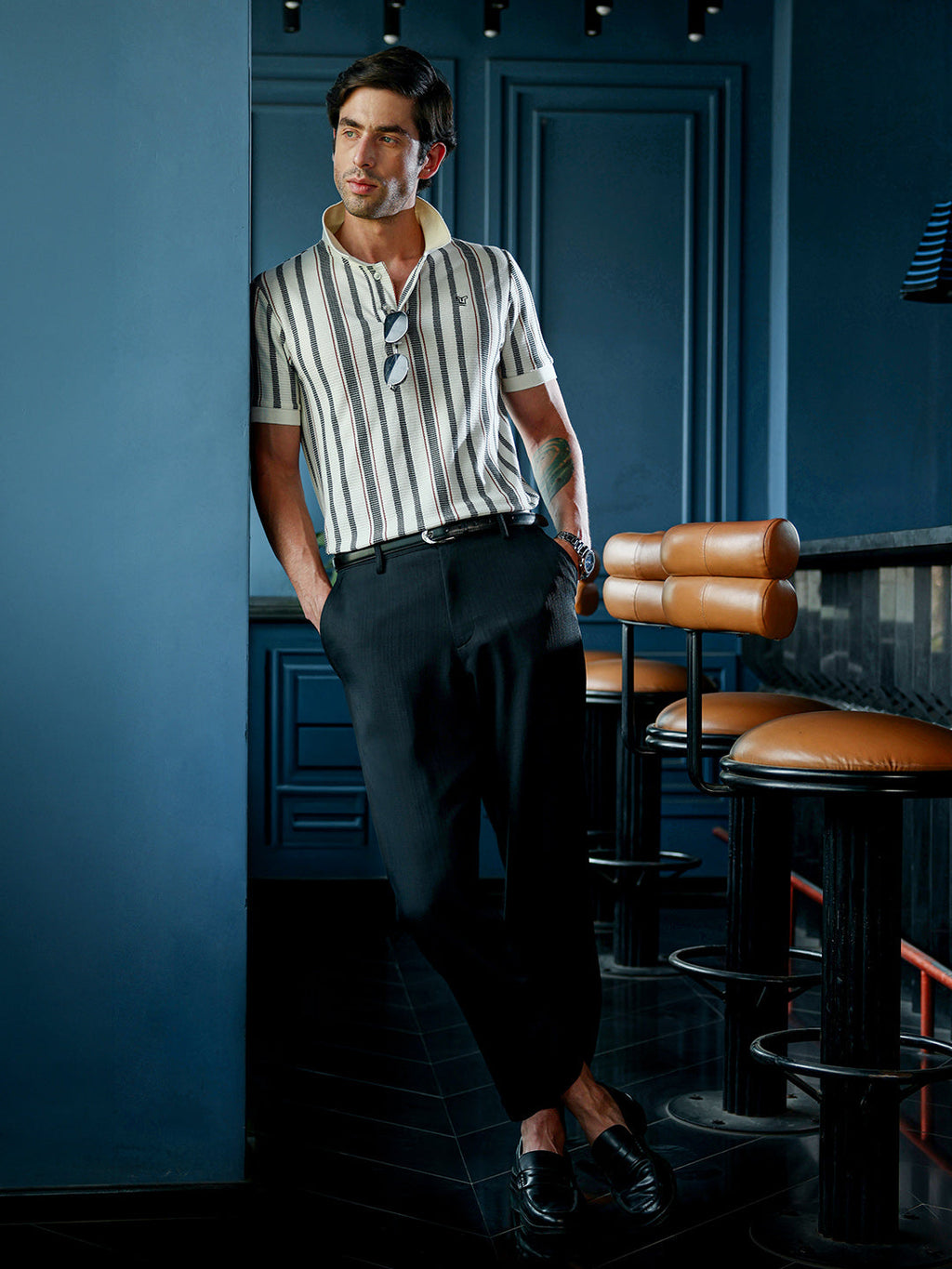 Men's Cream & Black Textured Vertical Striped Knit Polo T-Shirt