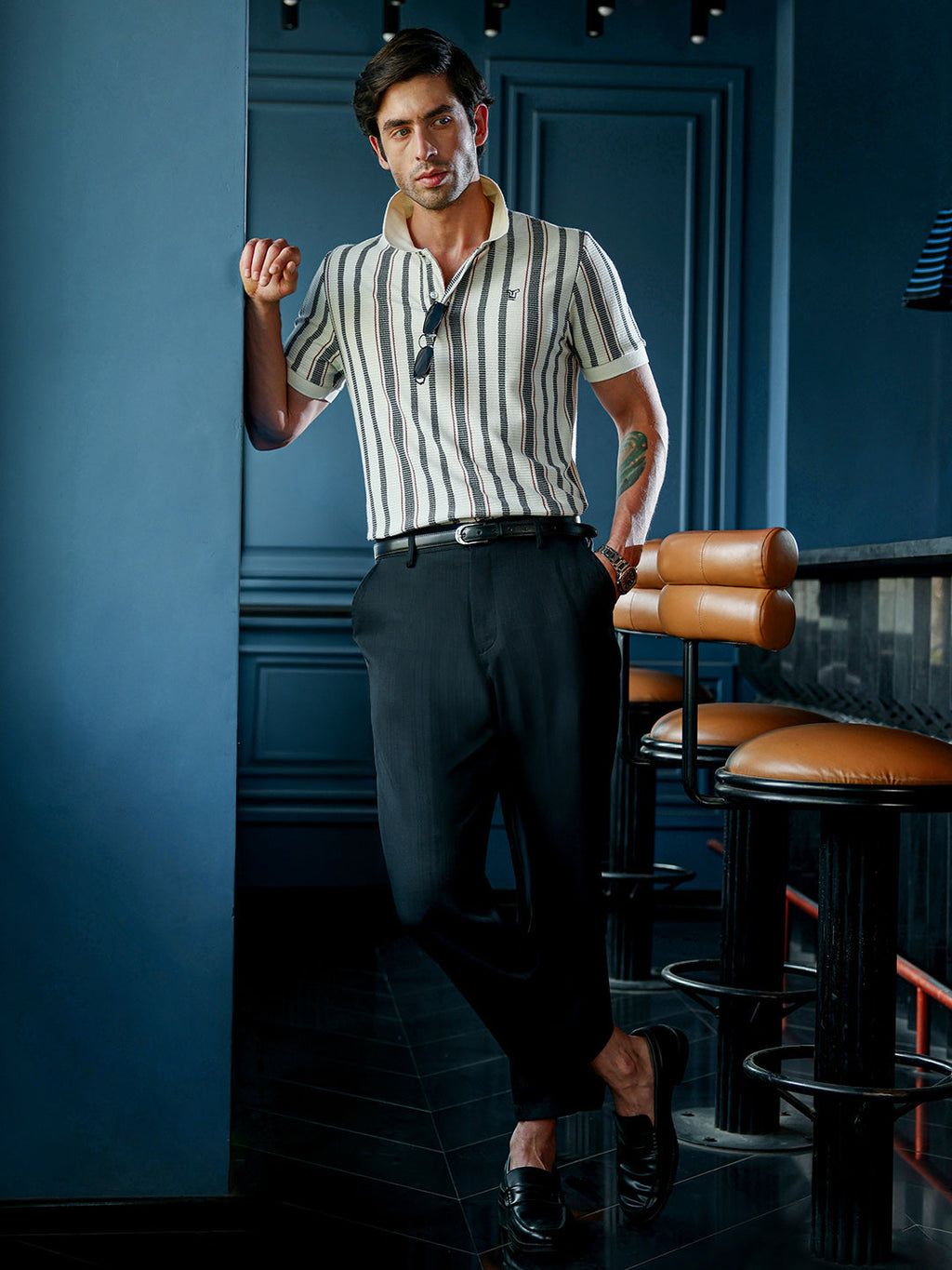 Men's Cream & Black Textured Vertical Striped Knit Polo T-Shirt