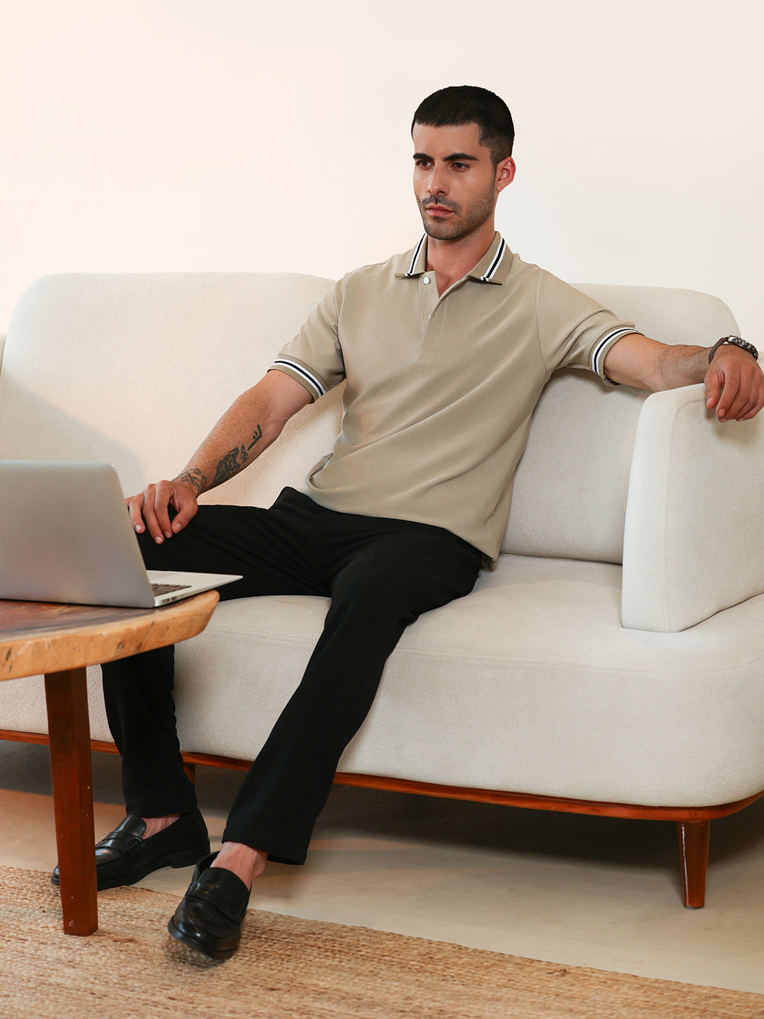 Beige Tipped Collar Short Sleeve Polycotton Stretch Polo T-shirt