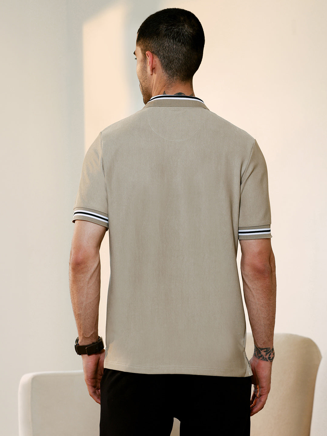 Beige Tipped Collar Short Sleeve Polycotton Stretch Polo T-shirt