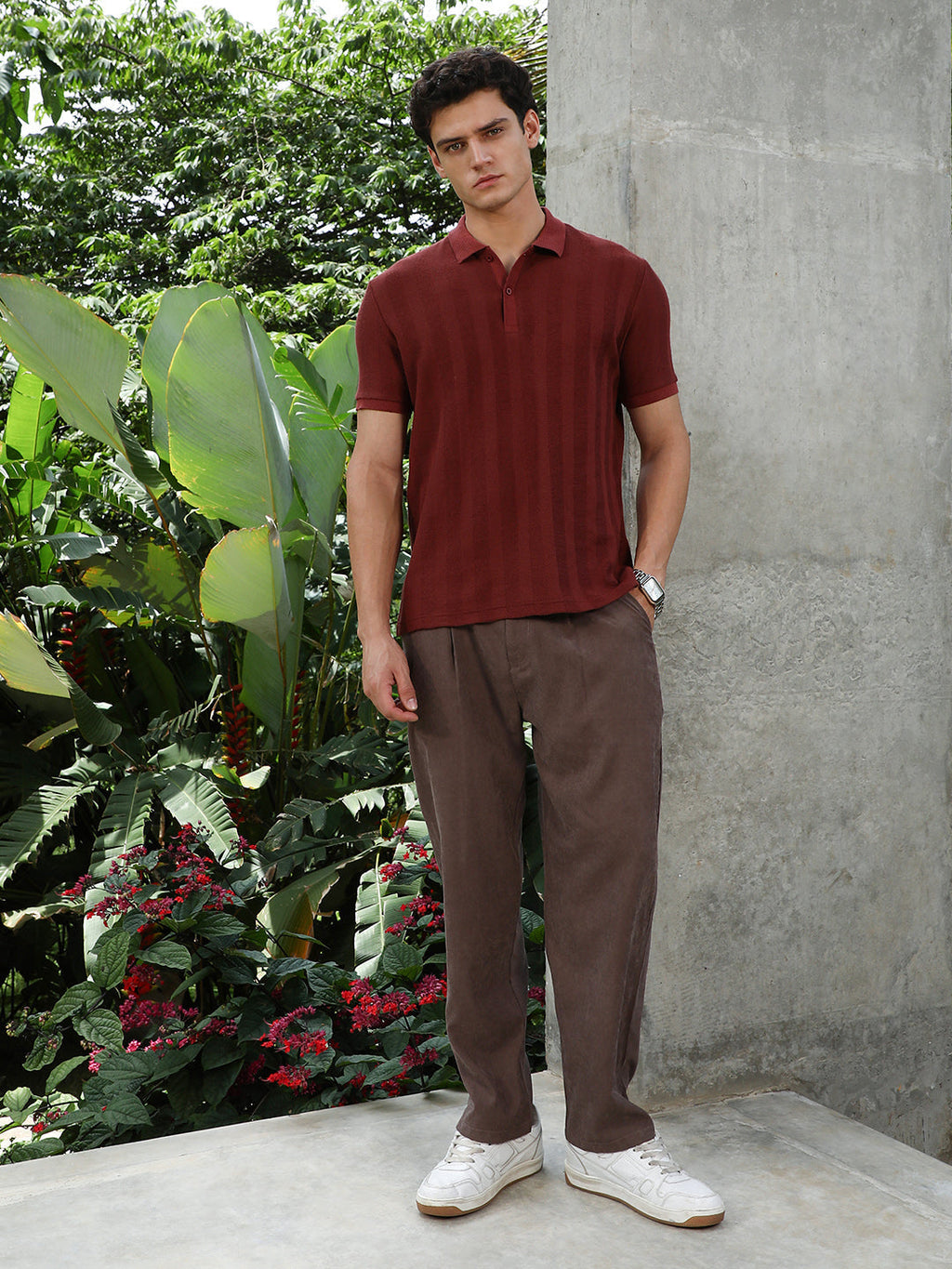 Rust Red Candy Stripe-Knitted Polo T-Shirt