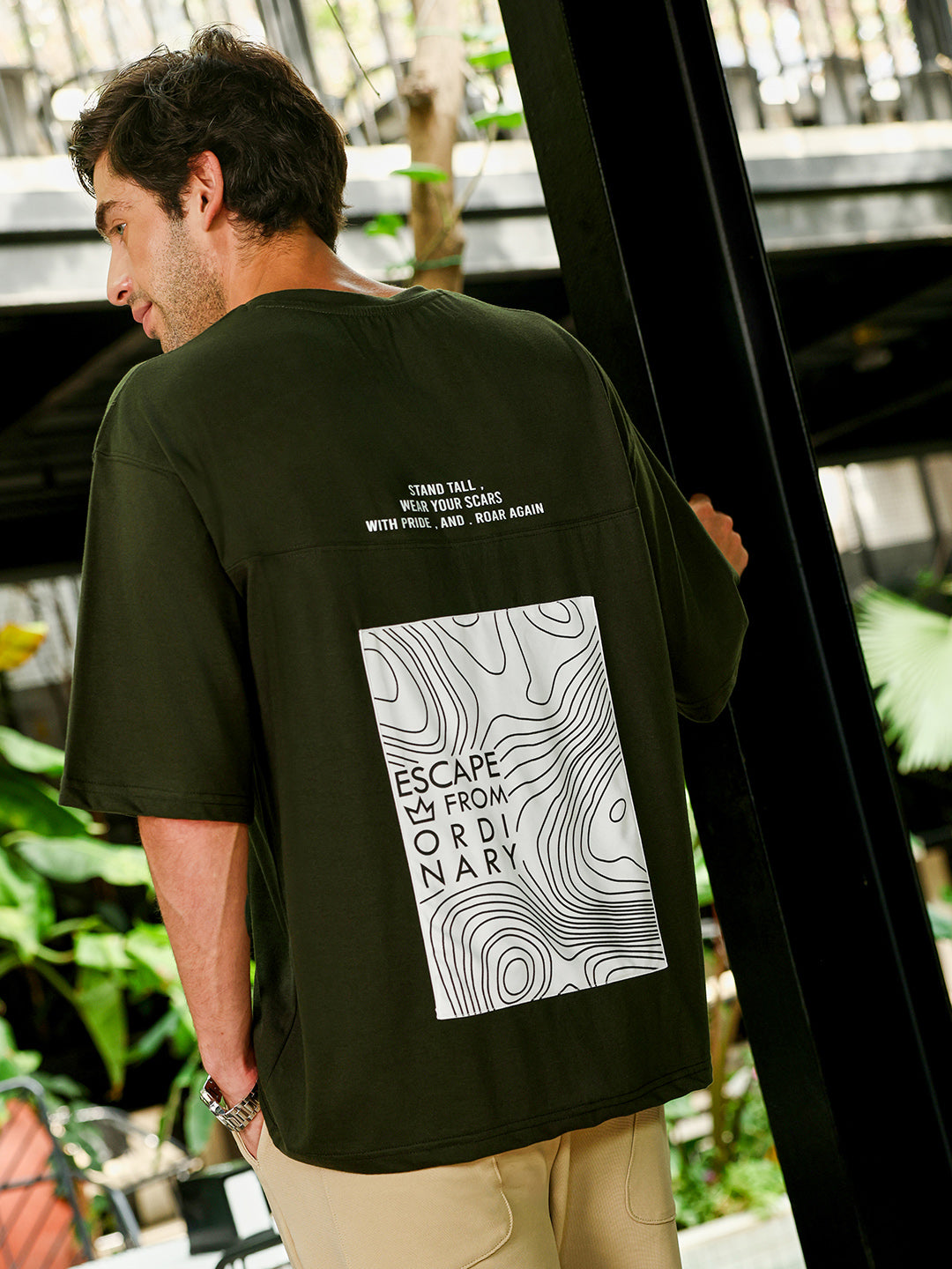 Men's Dark Olive Green Oversized Graphic Printed T-Shirt