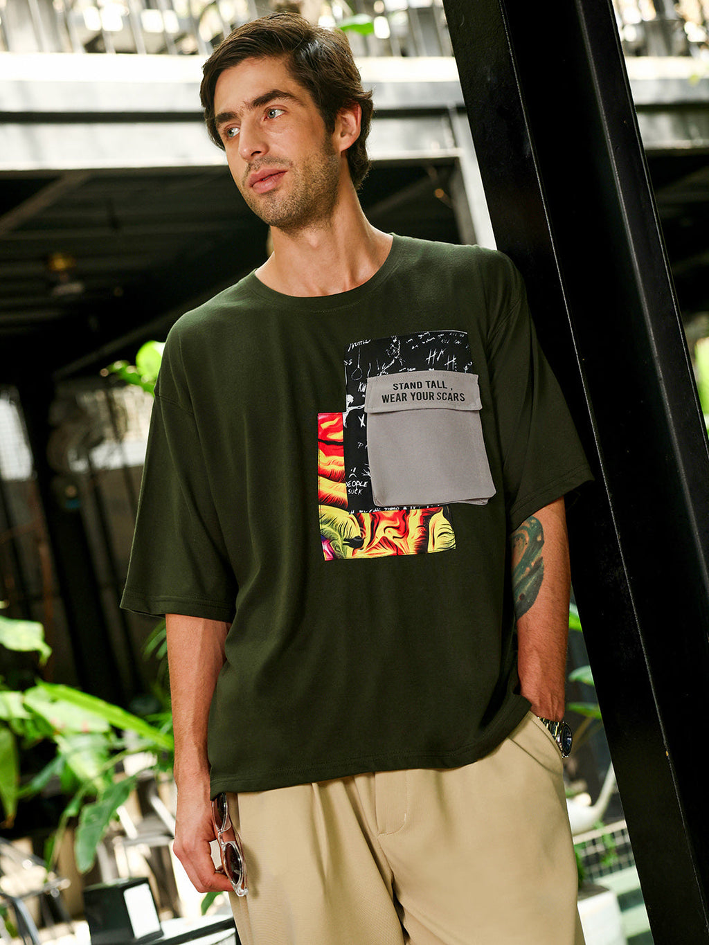 Men's Dark Olive Green Oversized Graphic Printed T-Shirt