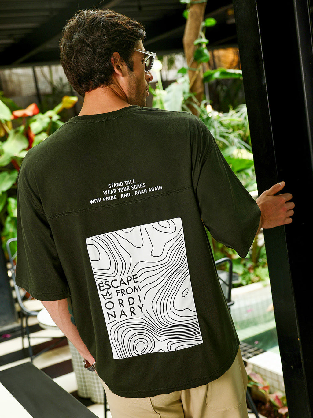 Men's Dark Olive Green Oversized Graphic Printed T-Shirt