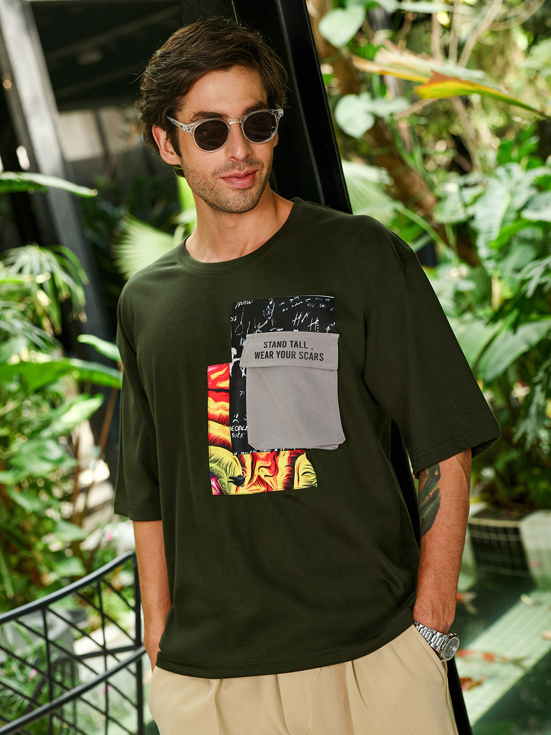 Men's Dark Olive Green Oversized Graphic Printed T-Shirt